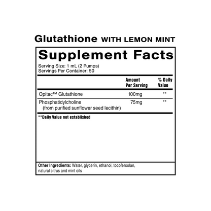 Quicksilver Scientific Liposomal Glutathione Lemon Mint Supplement Facts label showing antioxidant formula for detoxification, liver support, and immune health