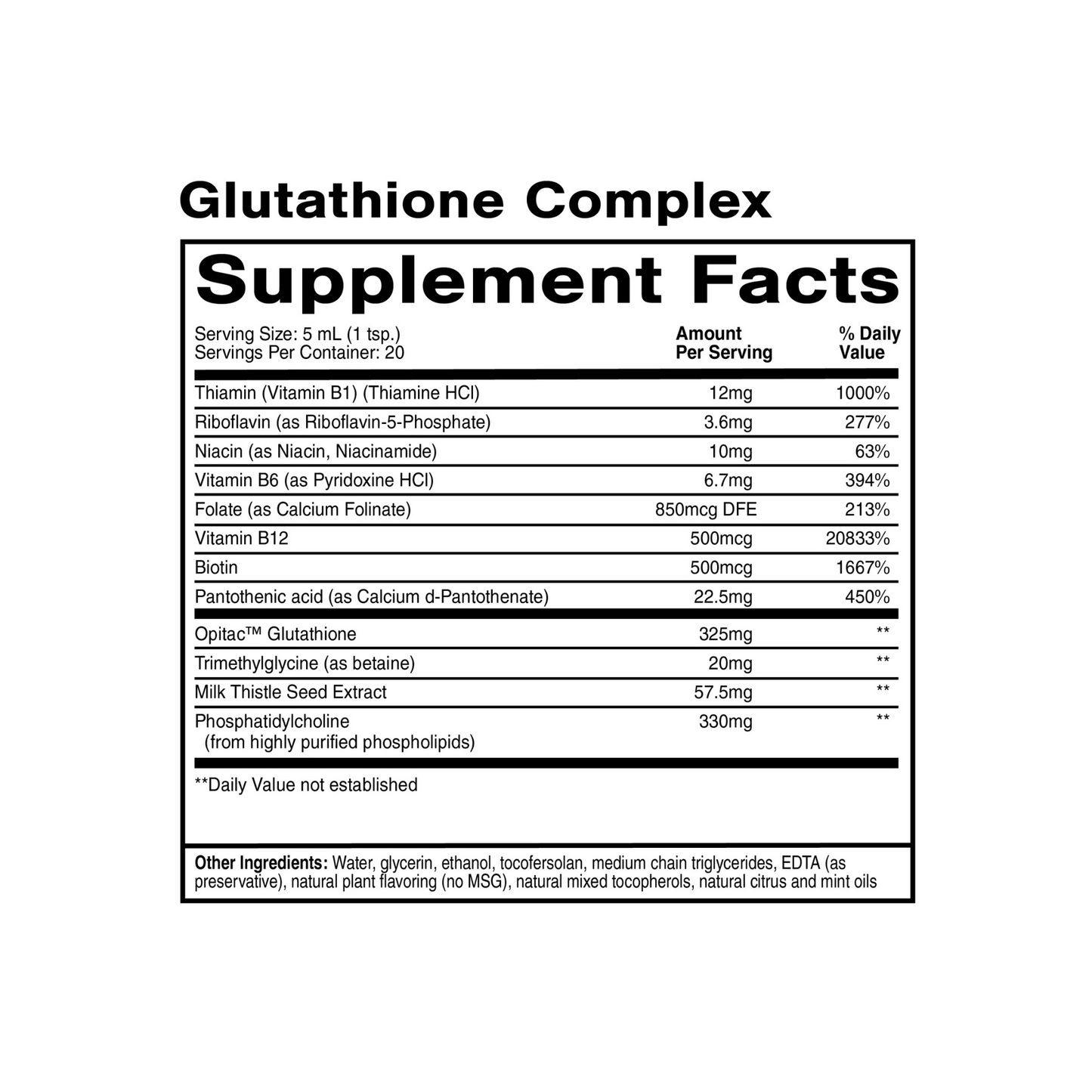 Quicksilver Scientific Glutathione Complex Supplement Facts label showing antioxidant blend for detoxification, liver support, and immune defense