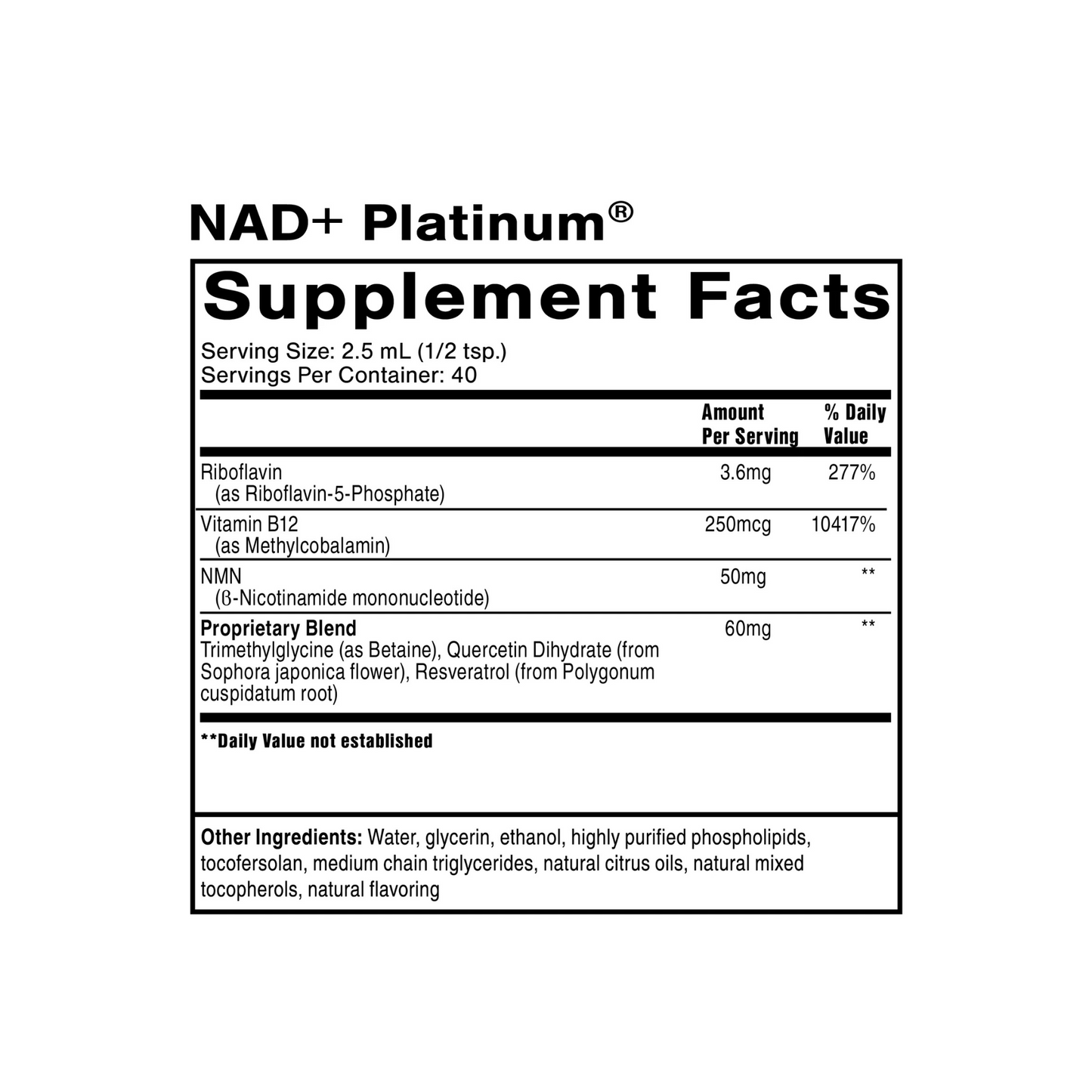 Quicksilver Scientific NAD+ Platinum supplement facts label supporting cellular energy and longevity