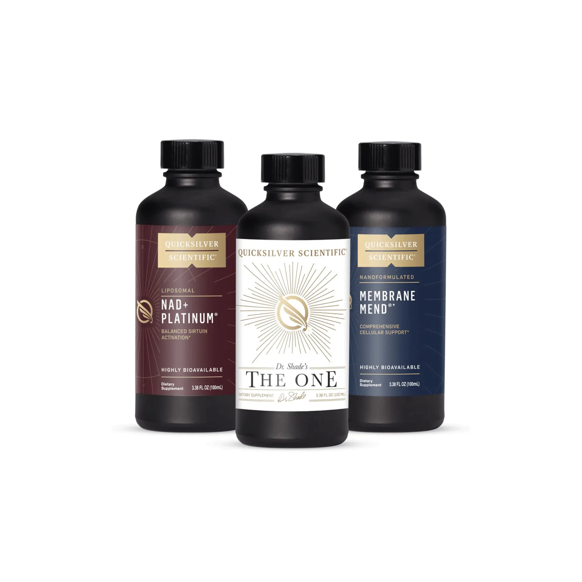 Biohacker Bundle by Quicksilver Scientific featuring NAD+ Platinum Membrane Mend and The ONE bottles displayed together