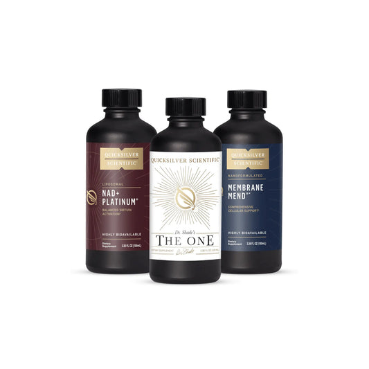 Biohacker Bundle by Quicksilver Scientific featuring NAD+ Platinum Membrane Mend and The ONE bottles displayed together