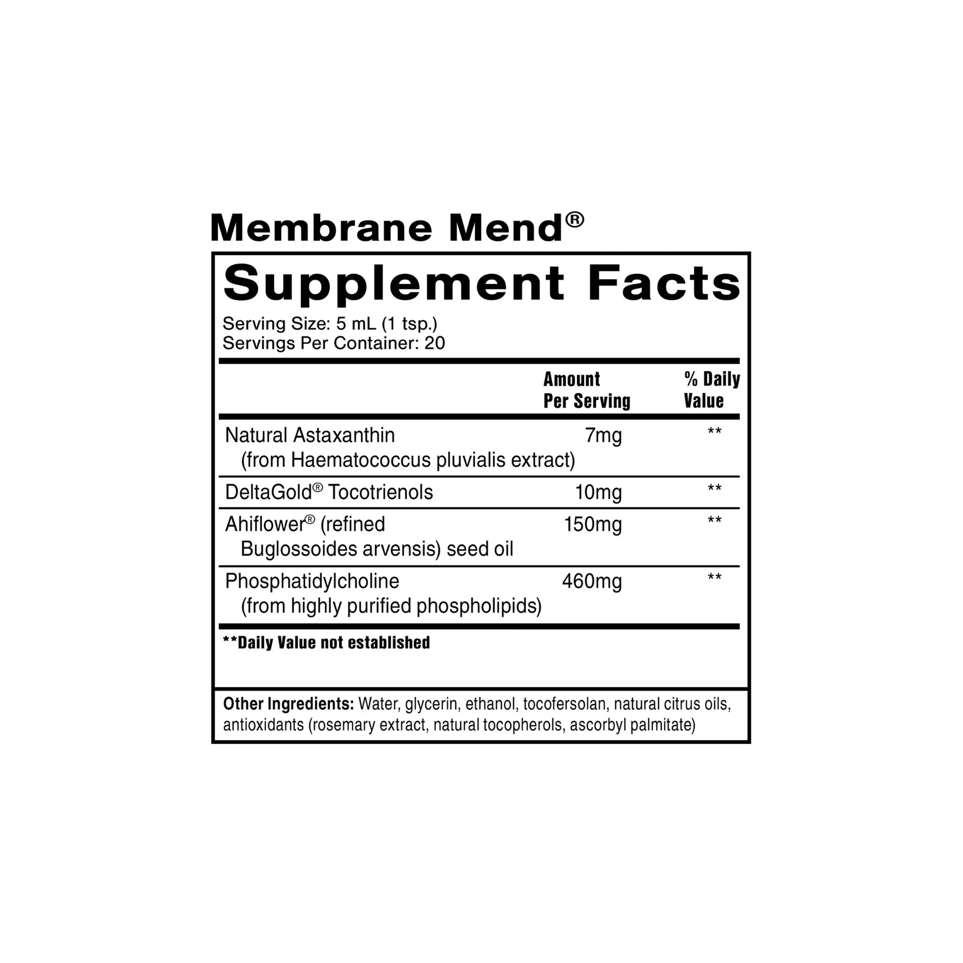 Membrane Mend supplement facts panel by Quicksilver Scientific with phosphatidylcholine essential fatty acids astaxanthin and tocotrienols