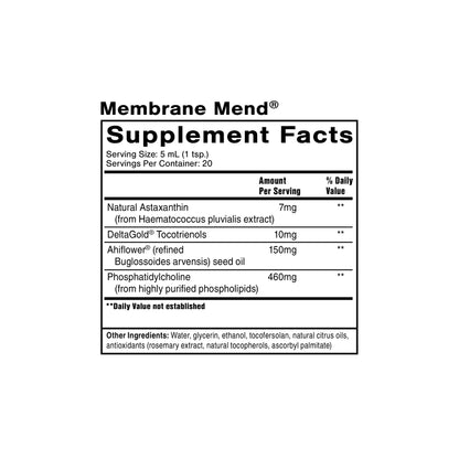 Membrane Mend supplement facts panel by Quicksilver Scientific with phosphatidylcholine essential fatty acids astaxanthin and tocotrienols