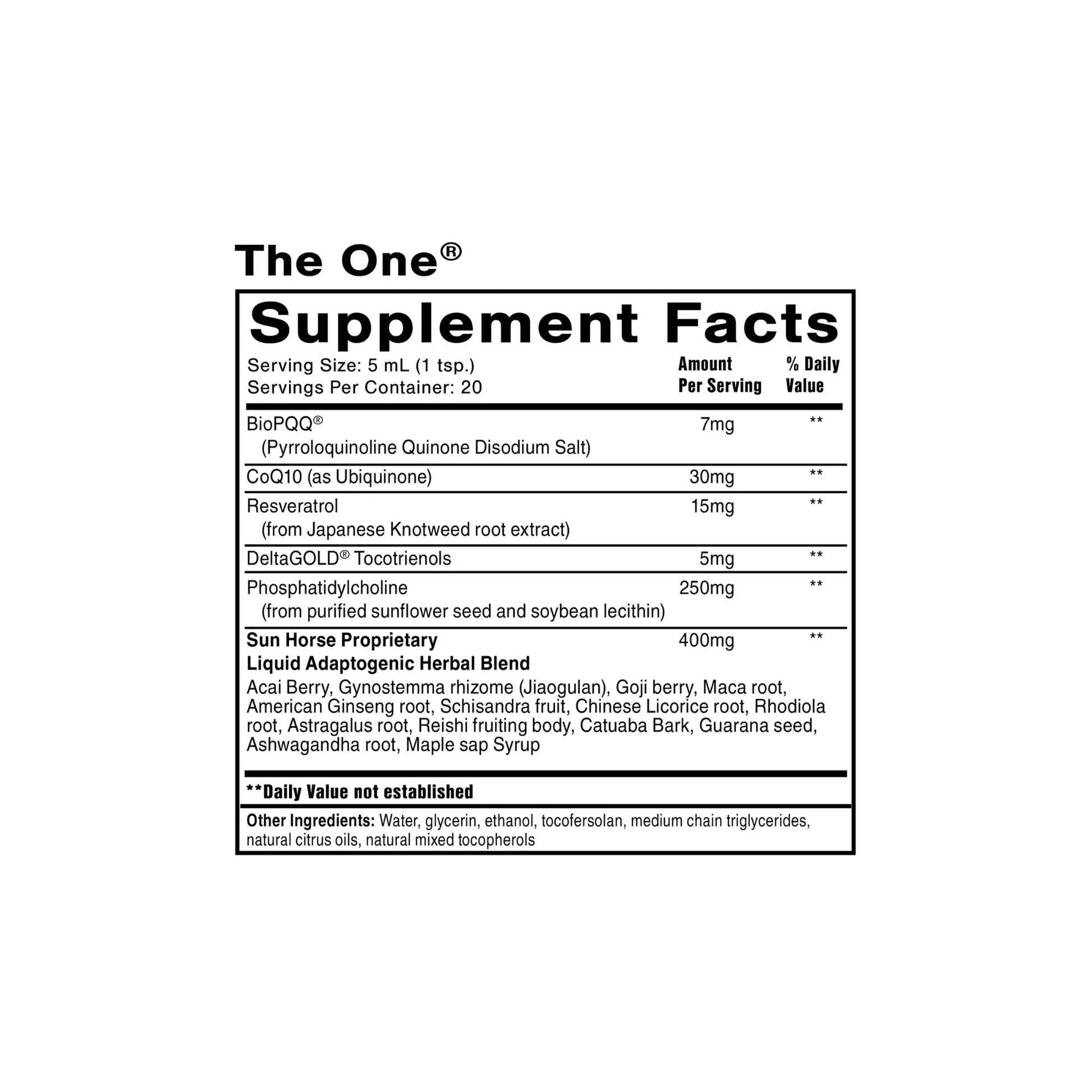 The ONE supplement facts panel by Quicksilver Scientific with CoQ10 resveratrol and adaptogenic botanical blend