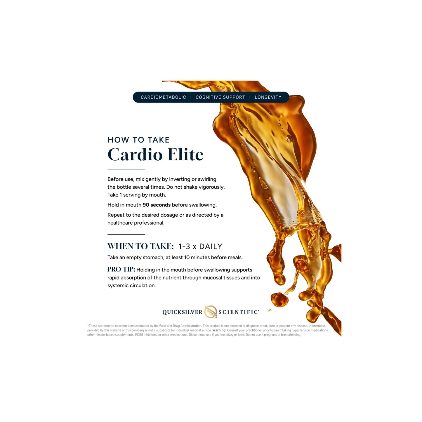 Cardio Elite by Quicksilver Scientific instructional infographic detailing suggested use and dosing