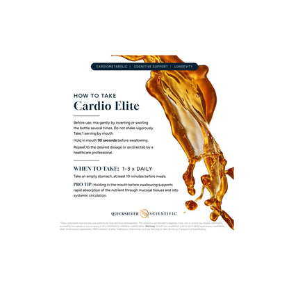 Cardio Elite by Quicksilver Scientific instructional infographic detailing suggested use and dosing