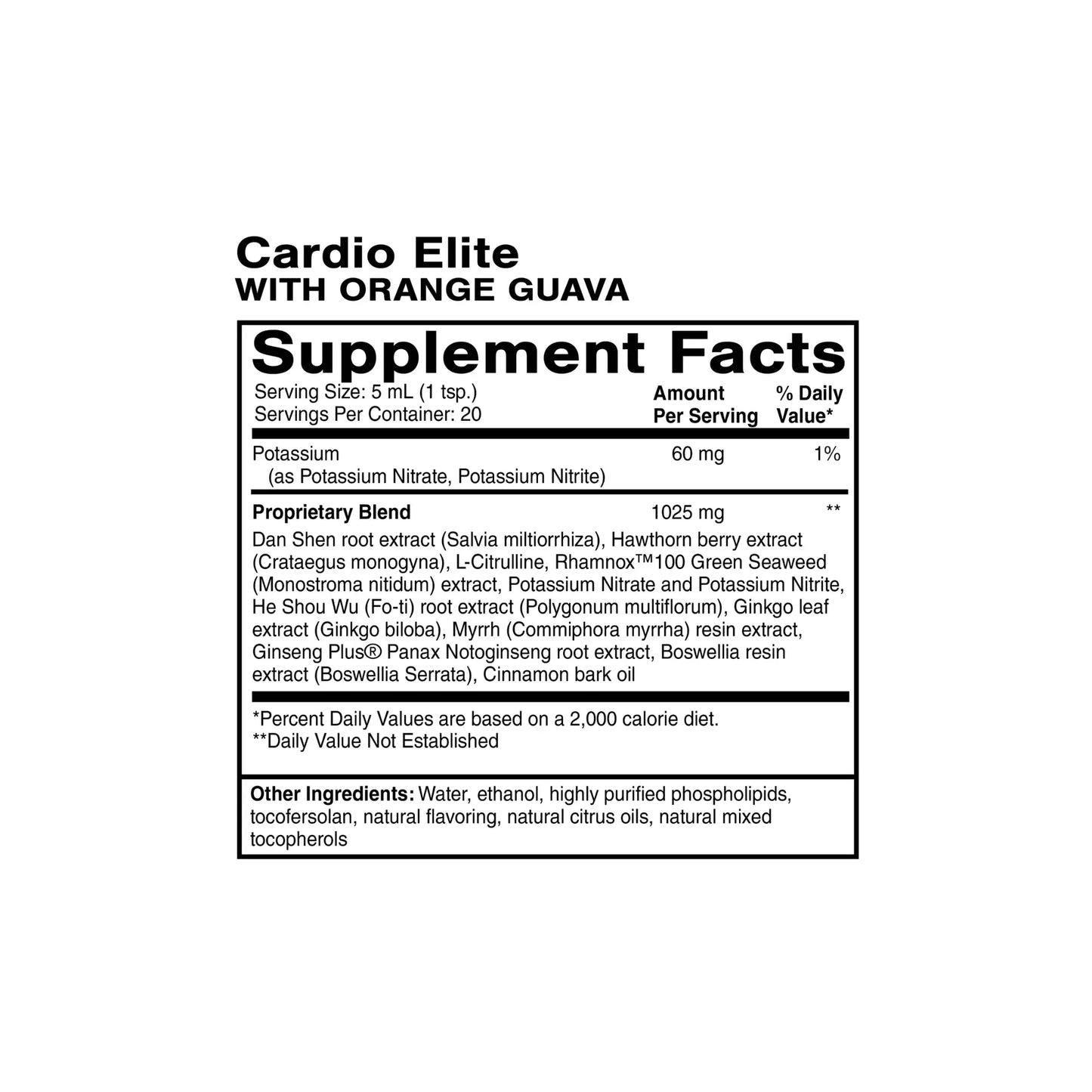Cardio Elite 100ml by Quicksilver Scientific supplement facts label showing ingredients and dosage