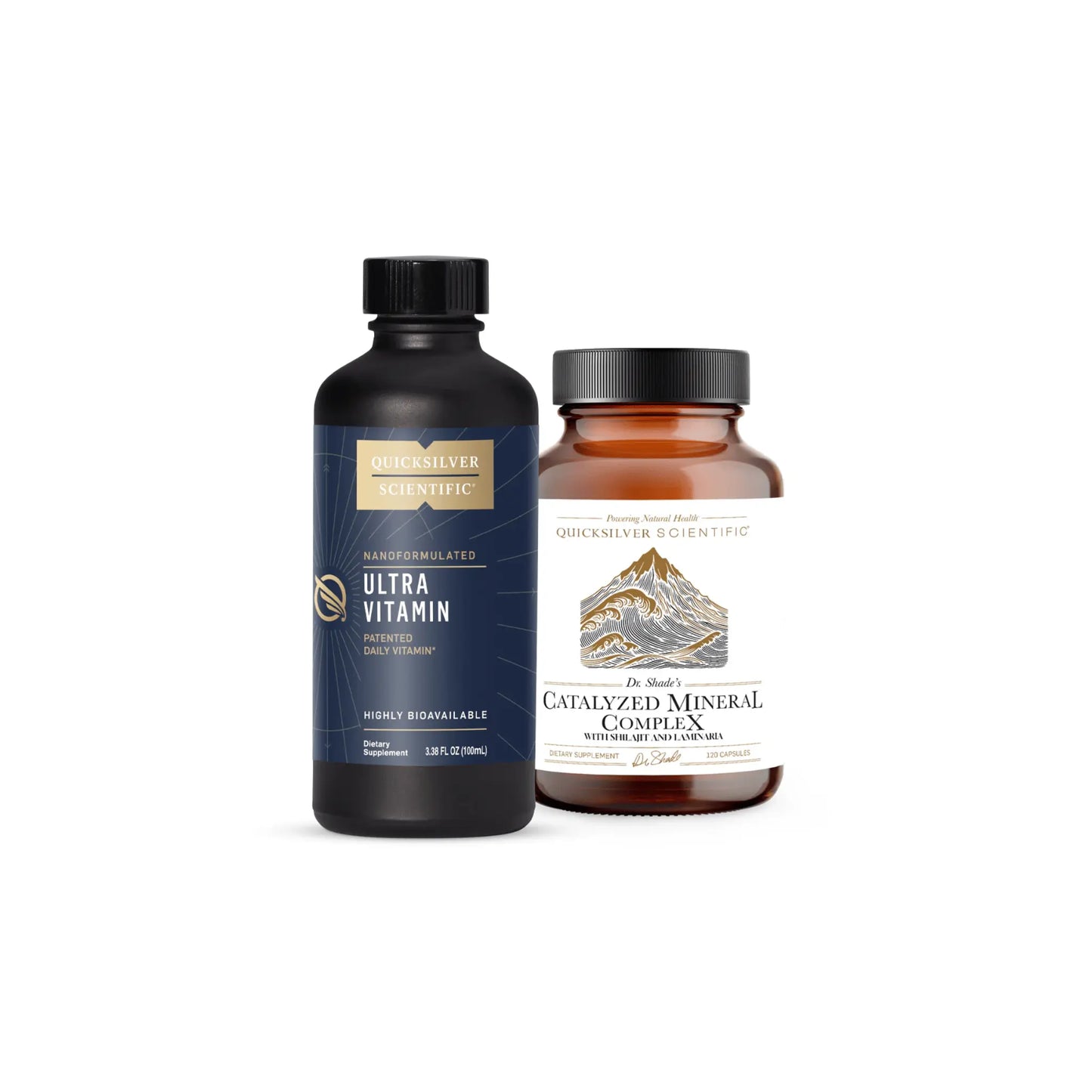 Complete Vitamin and Mineral Bundle by Quicksilver Scientific with Ultra Vitamin and Catalyzed Mineral Complex bottles displayed together