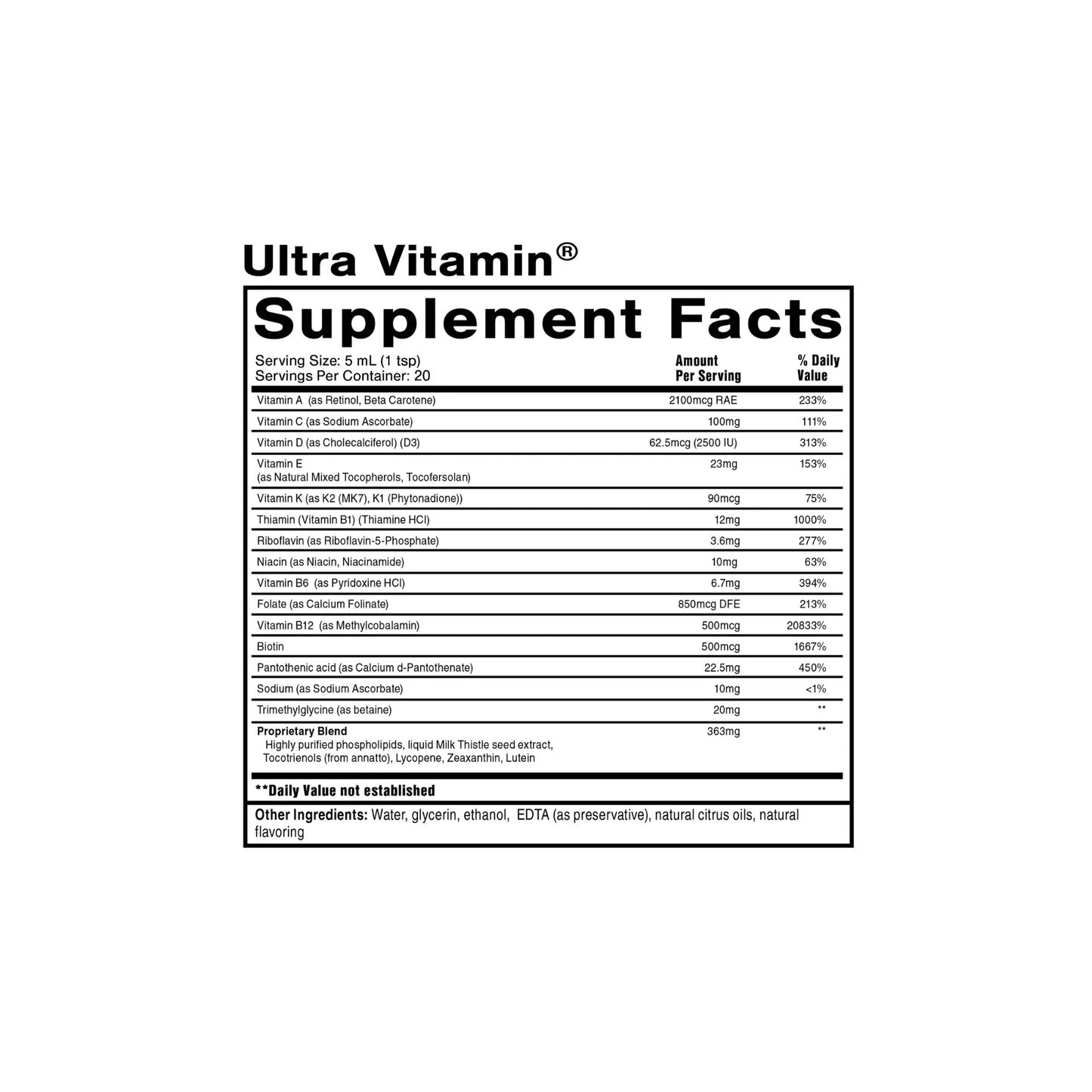 Ultra Vitamin supplement facts panel showing vitamins A C D E K B complex lutein lycopene and zeaxanthin by Quicksilver Scientific