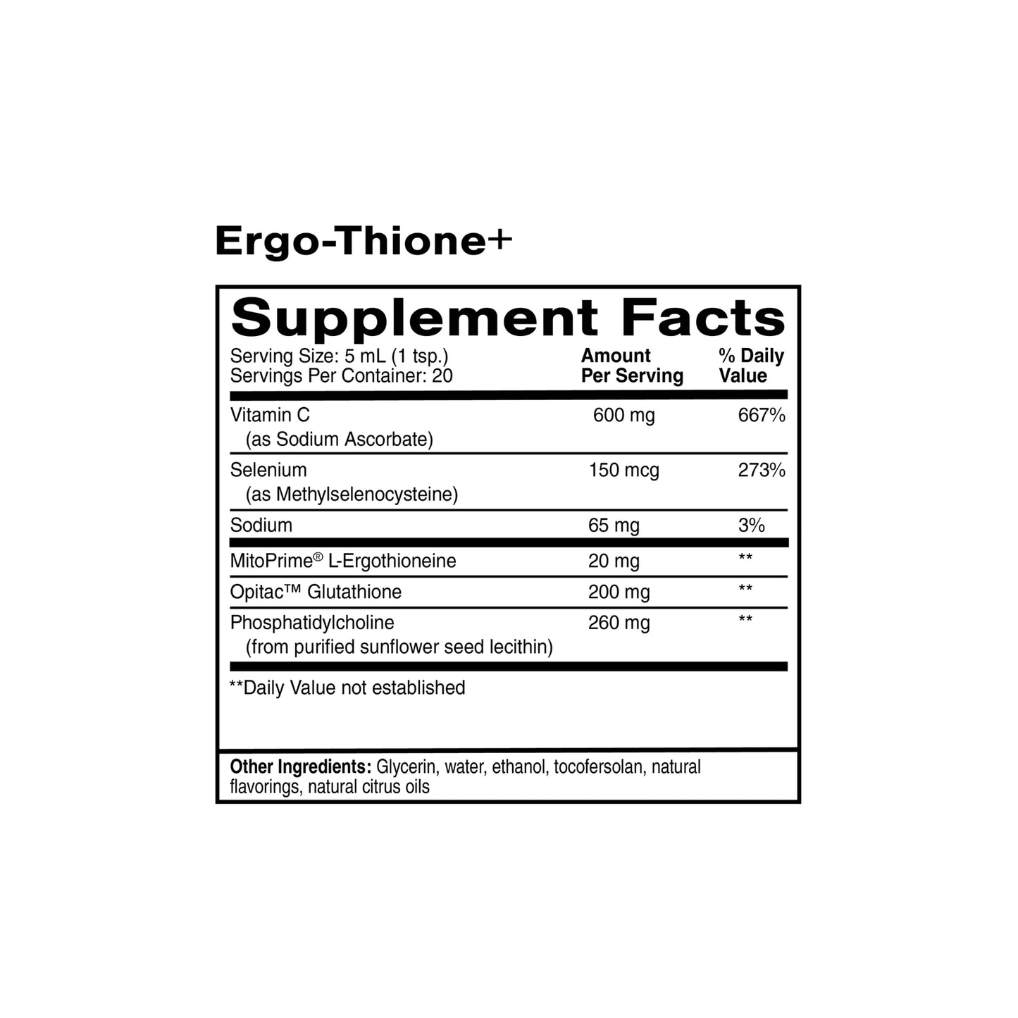 Supplement facts label for Ergo-Thione+ showing ingredients and dosage information