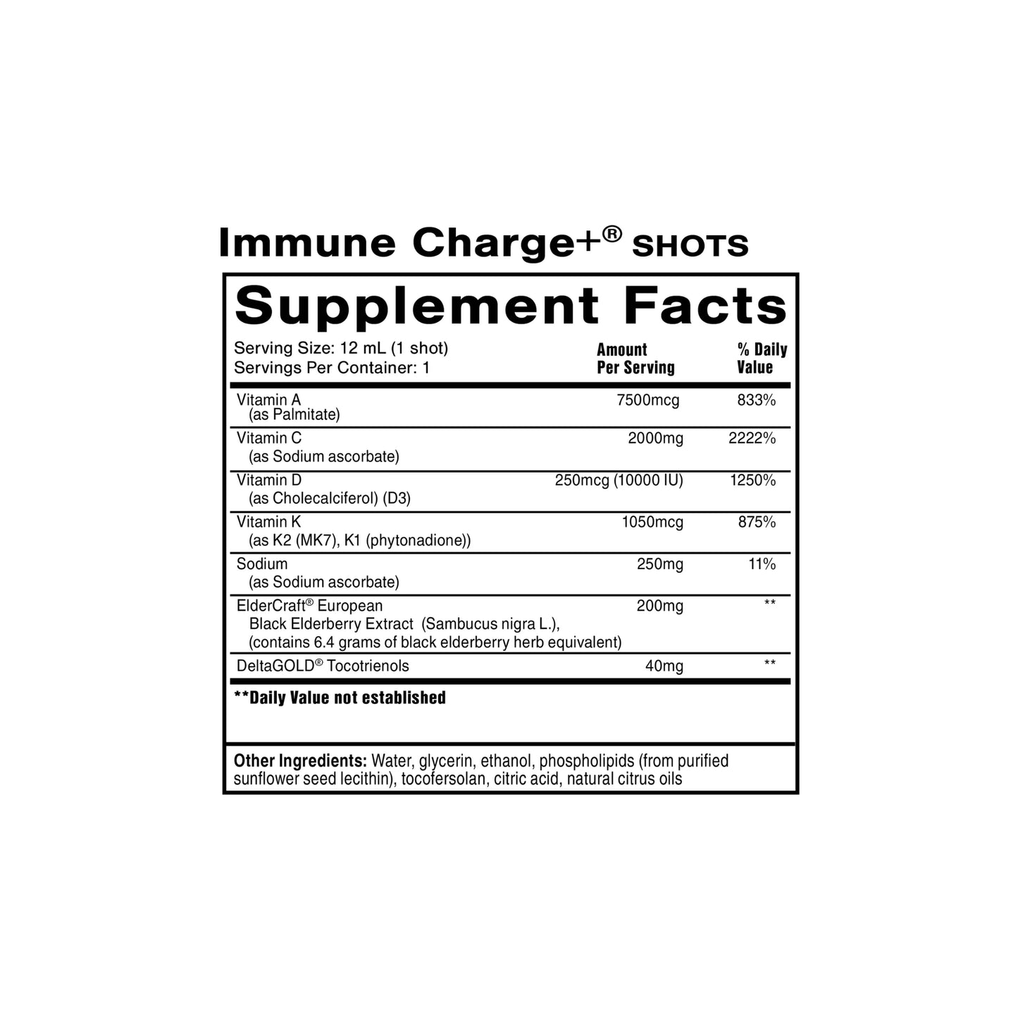 Immune Charge Shots supplement facts panel by Quicksilver Scientific