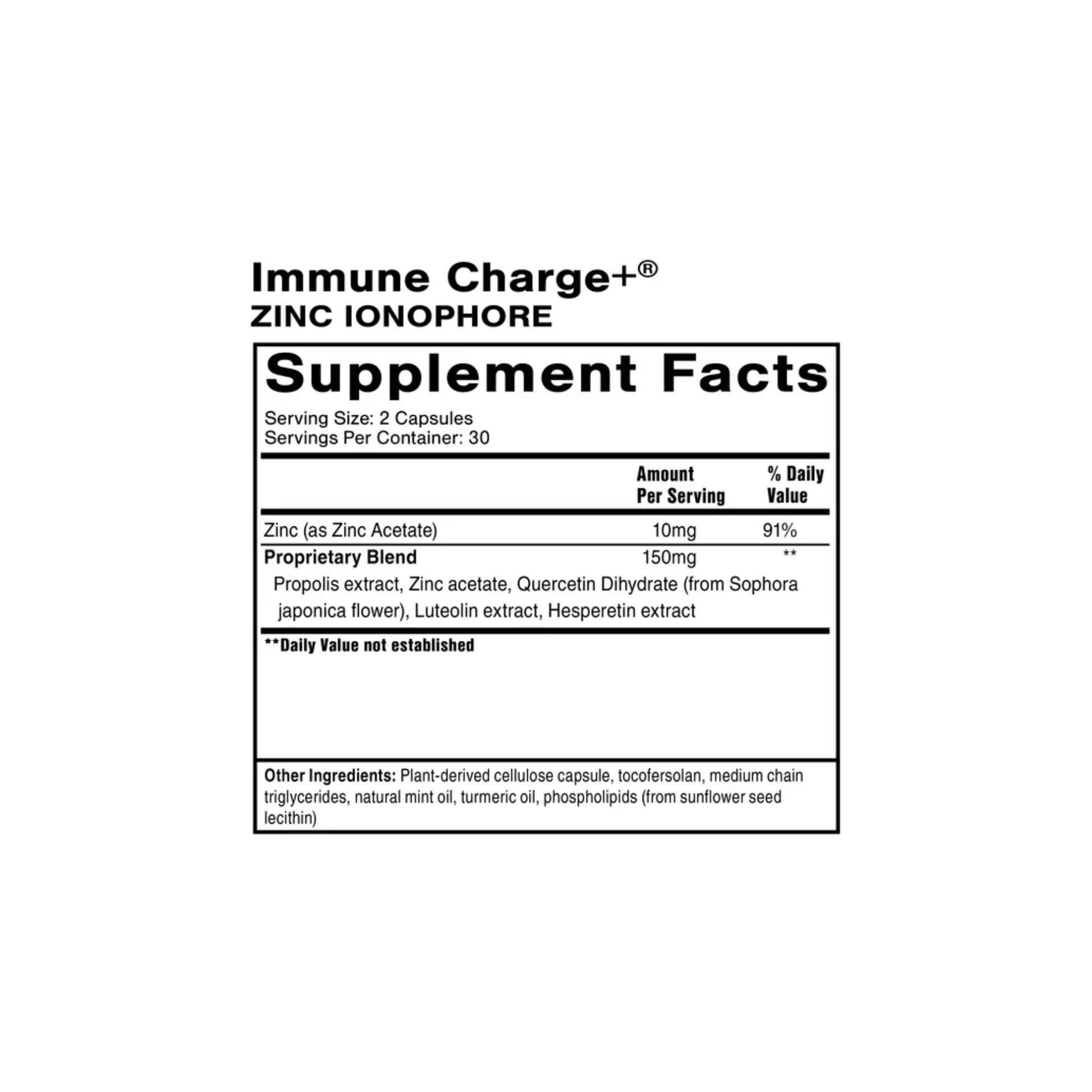 Immune Charge Zinc Ionophore supplement facts panel by Quicksilver Scientific