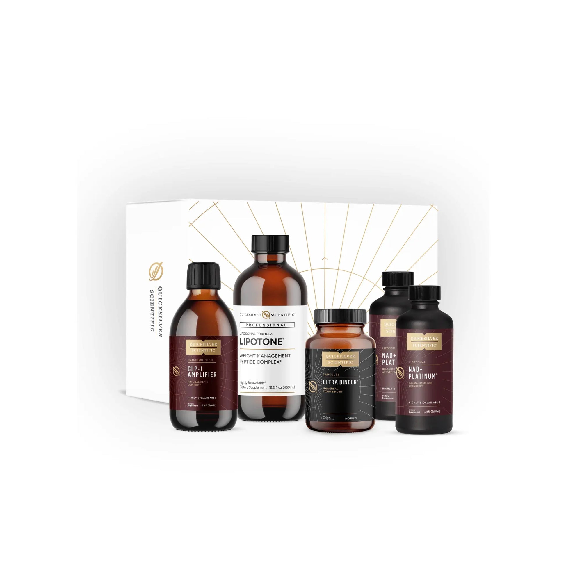 Front view of the Quicksilver Scientific Metabolic Activation Protocol kit showing the complete set of professional grade supplements