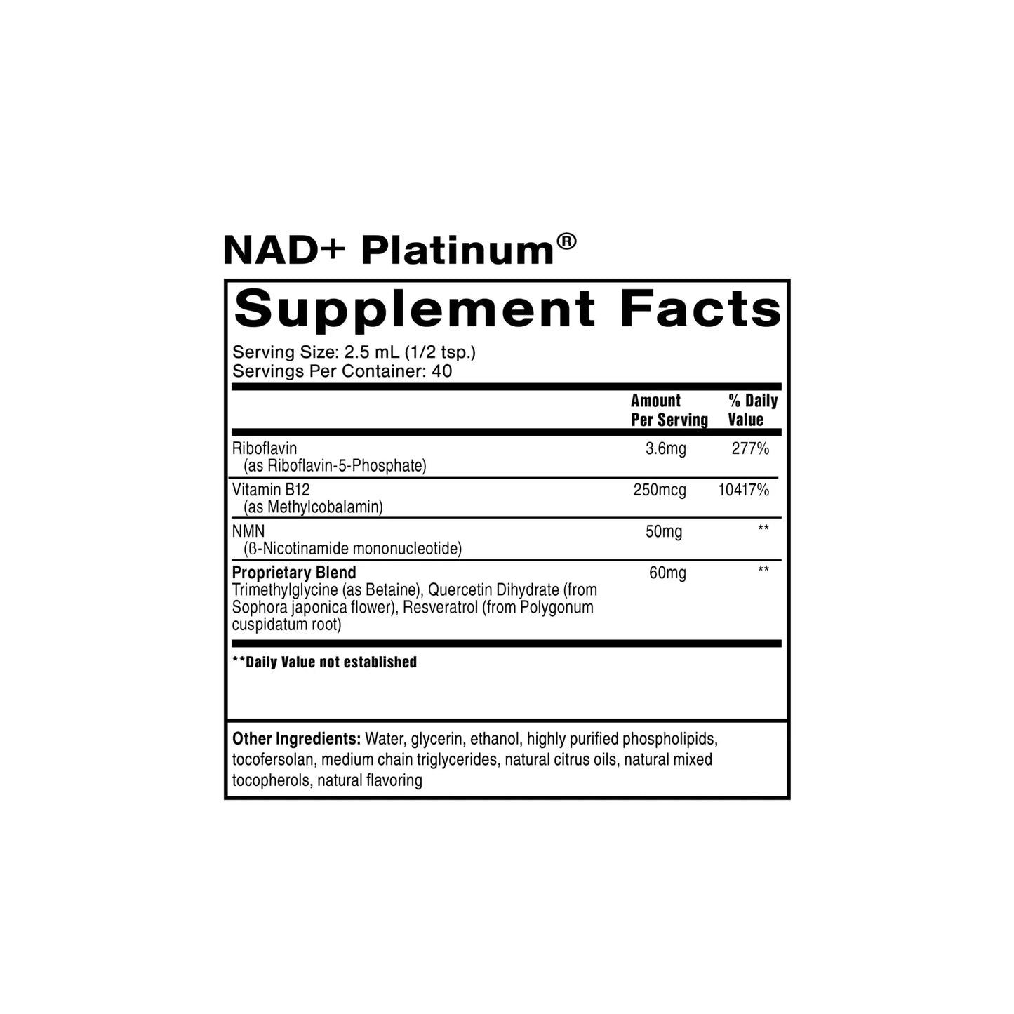 Supplement facts panel for NAD Platinum