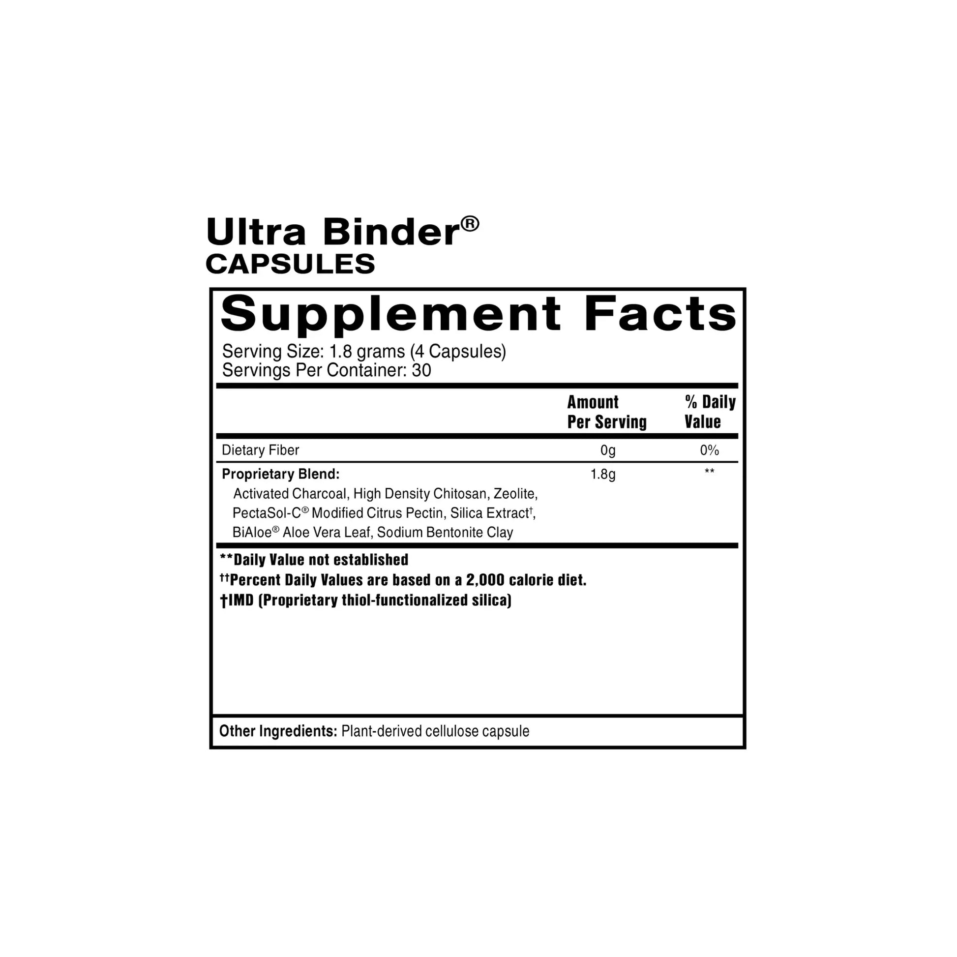 Supplement facts panel for Ultra Binder by Quicksilver Scientific