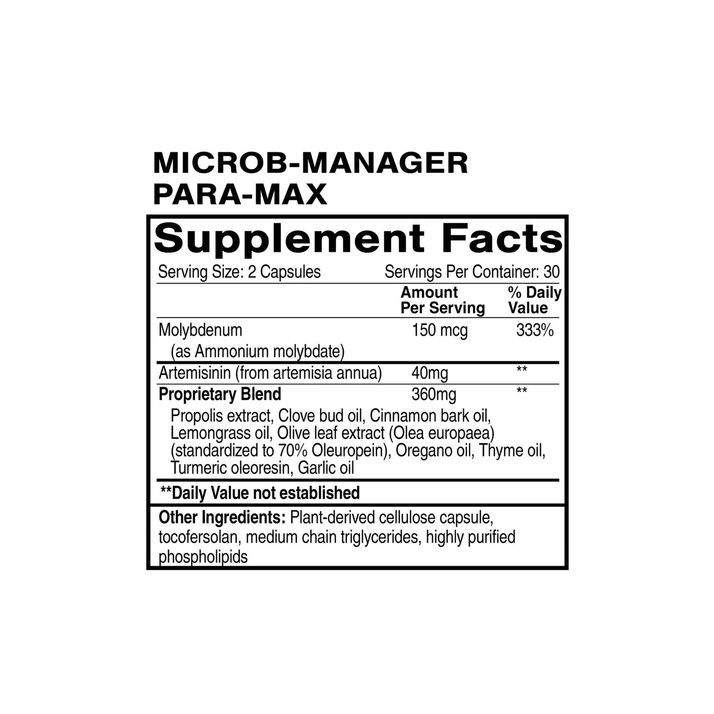 Microb Manager Para Max supplement facts panel antimicrobial botanical formula
