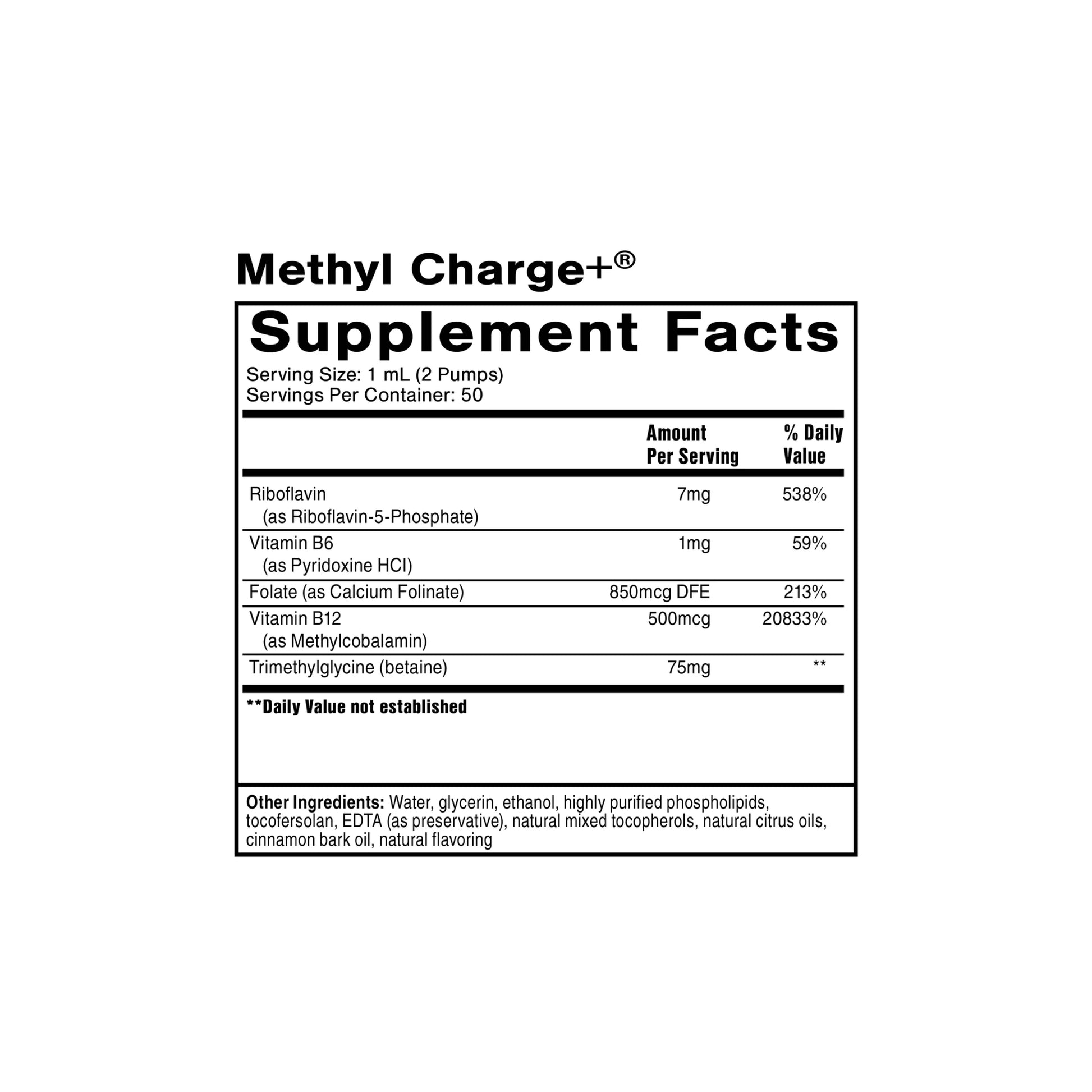 Methyl Charge supplement facts panel by Quicksilver Scientific