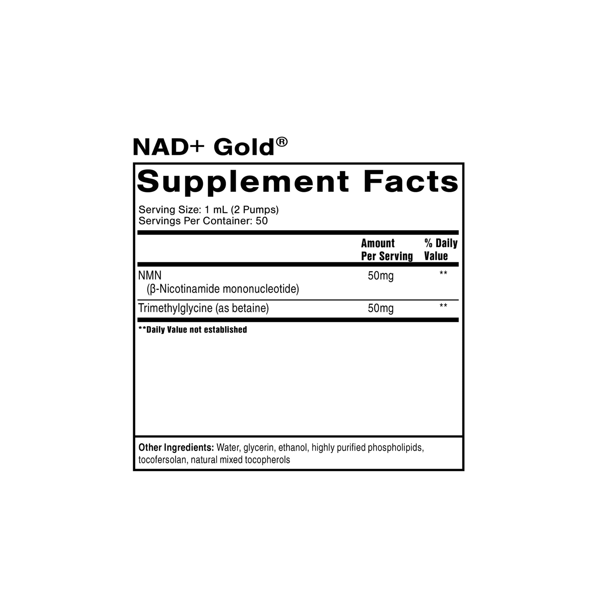 NAD Gold supplement facts panel by Quicksilver Scientific