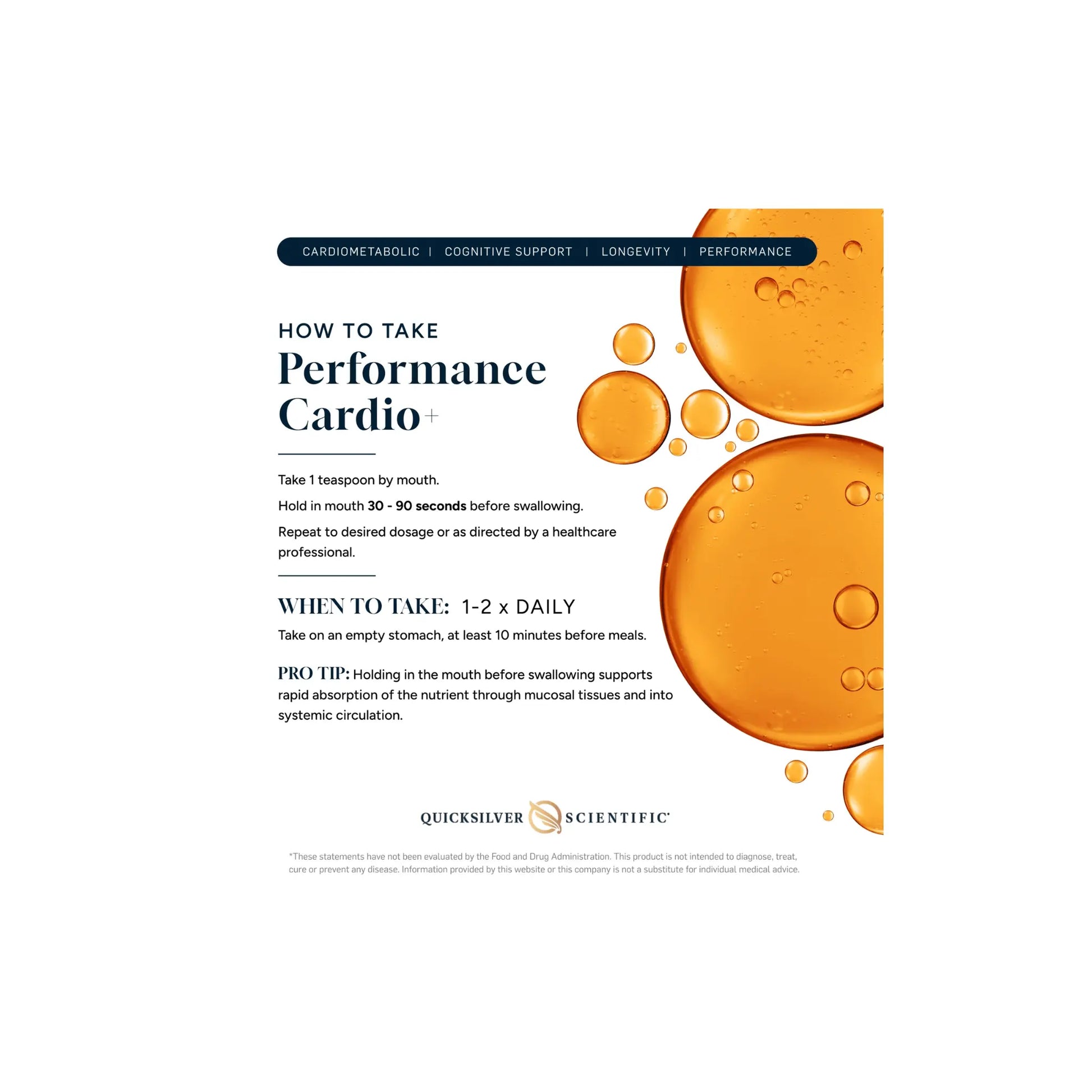 Infographic demonstrating how to take Performance Cardio Plus by Quicksilver Scientific with dosage instructions and usage guidance for circulation and cardiovascular support