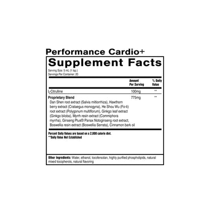 Supplement facts label for Performance Cardio Plus by Quicksilver Scientific showing nutrition information and ingredient panel for the cardiovascular and circulation support formula