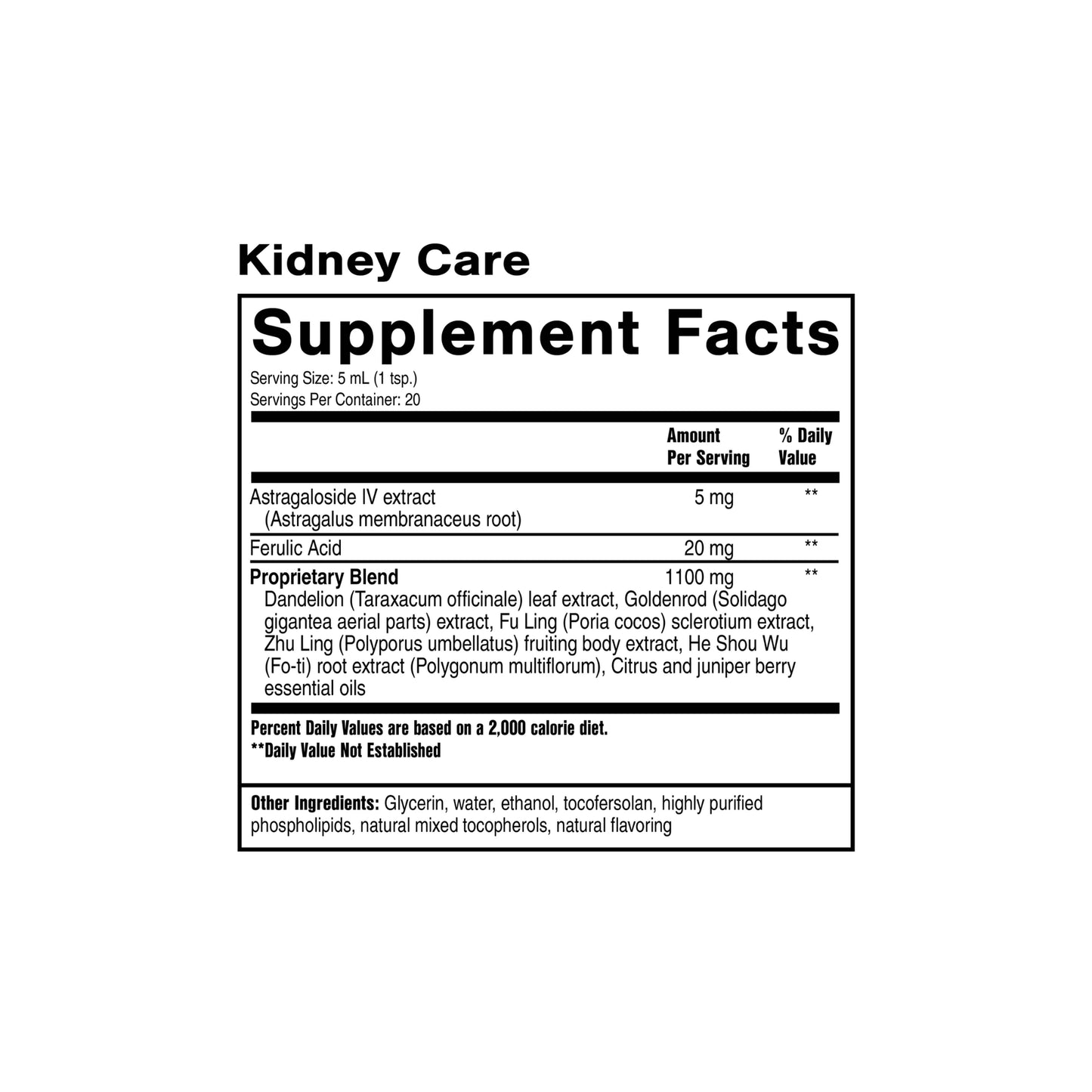Kidney Care supplement facts panel by Quicksilver Scientific