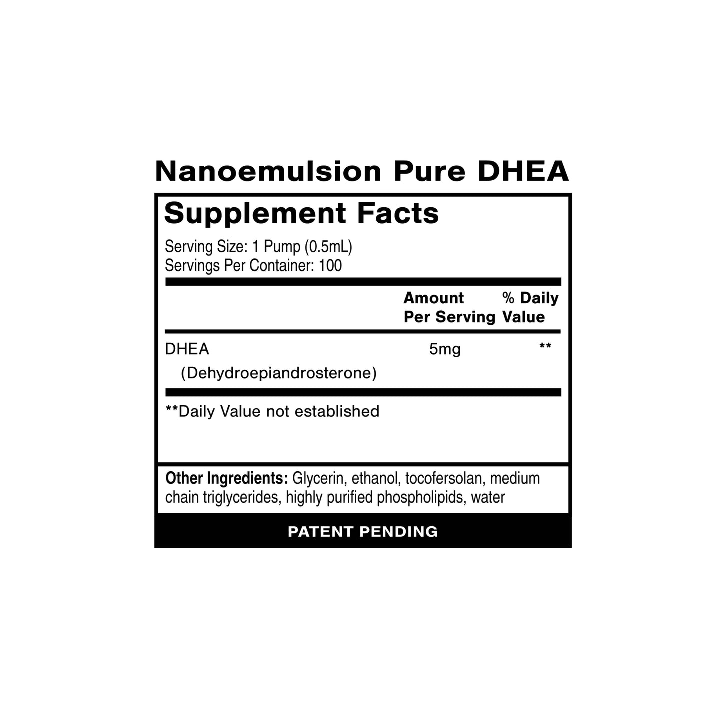 Nanoemulsion Pure DHEA supplement facts panel by Quicksilver Scientific with dosage and ingredient details