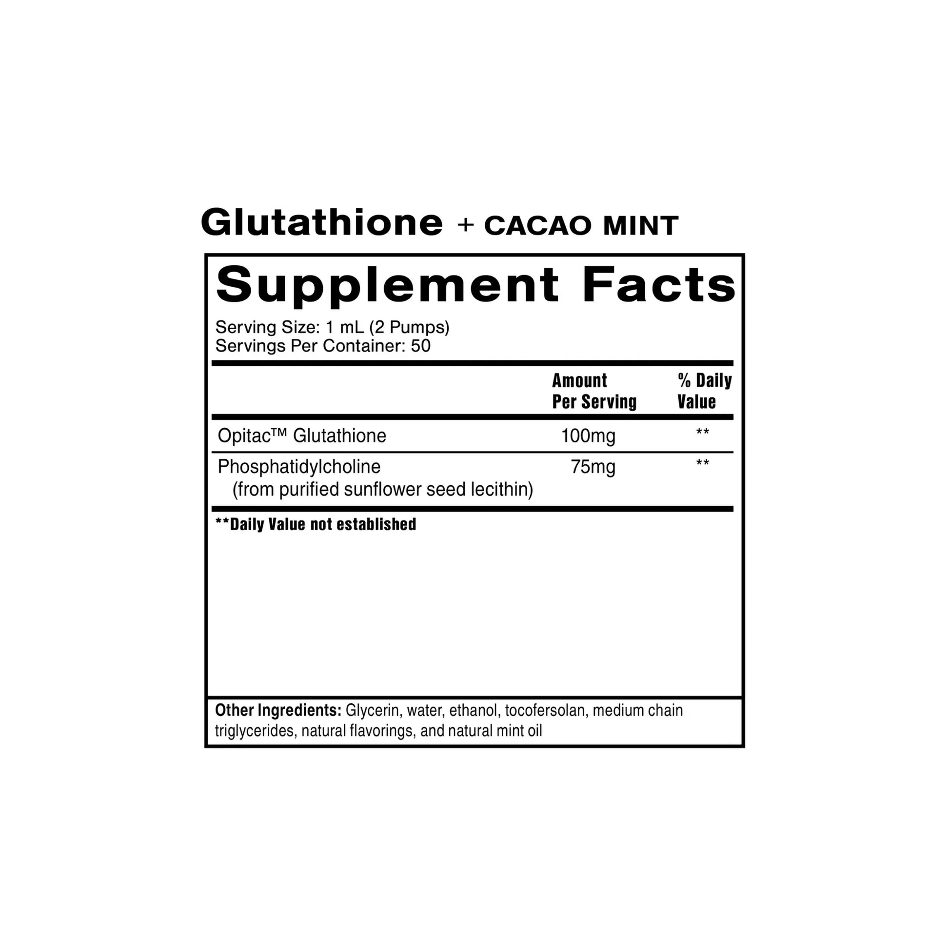 Supplement facts label for Glutathione cacao mint flavor showing ingredients and dosing information