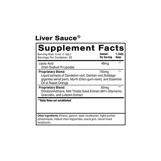 Supplement facts label for Liver Sauce, component of MICROBES detox system, detailing dosage and ingredients