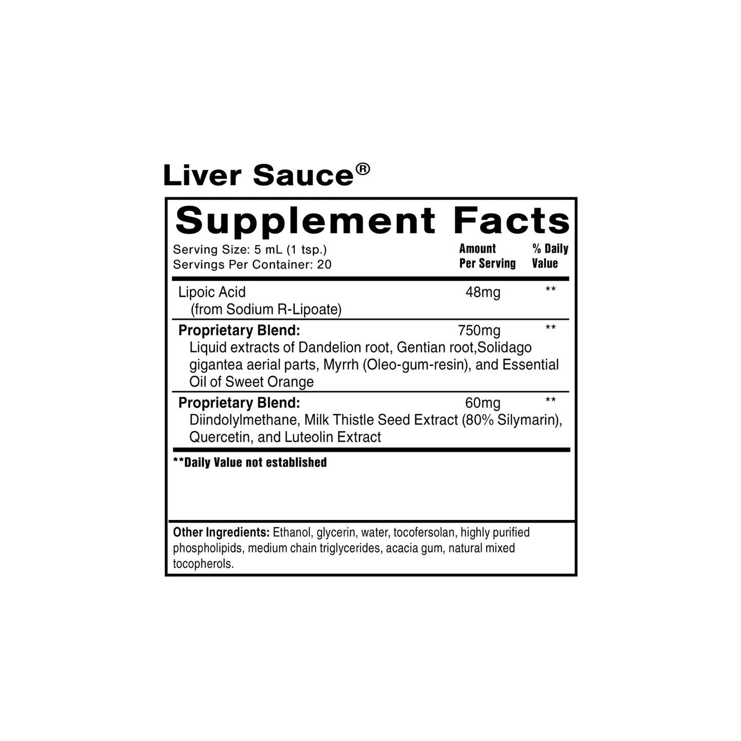 Supplement facts label for Liver Sauce showing ingredients and dosing information