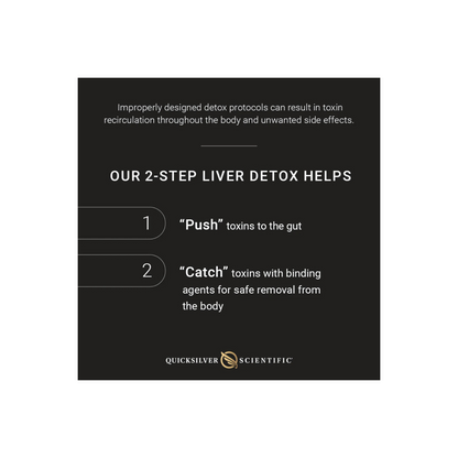 Quicksilver Scientific PushCatch® Detox System 2-step liver detox infographic, showing toxin mobilization and binding for safe elimination