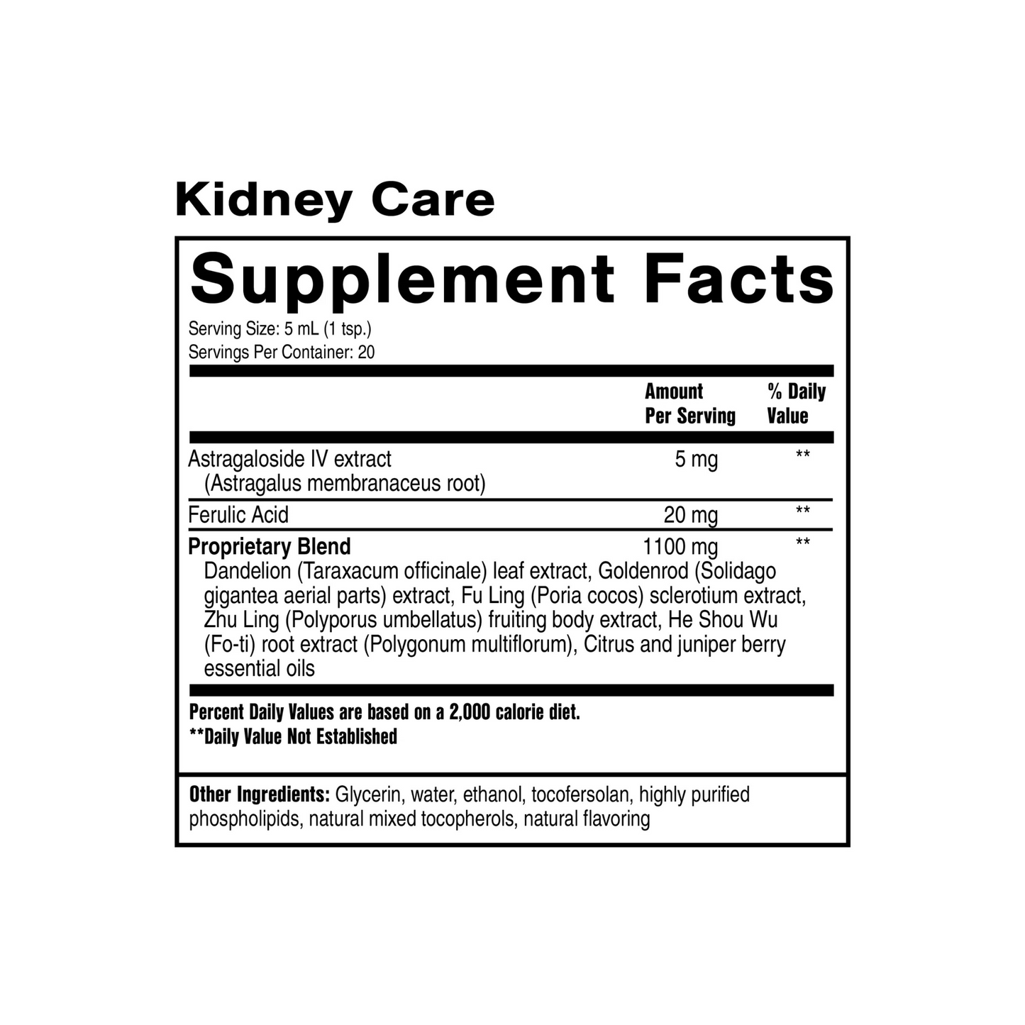 Kidney Care supplement facts label
