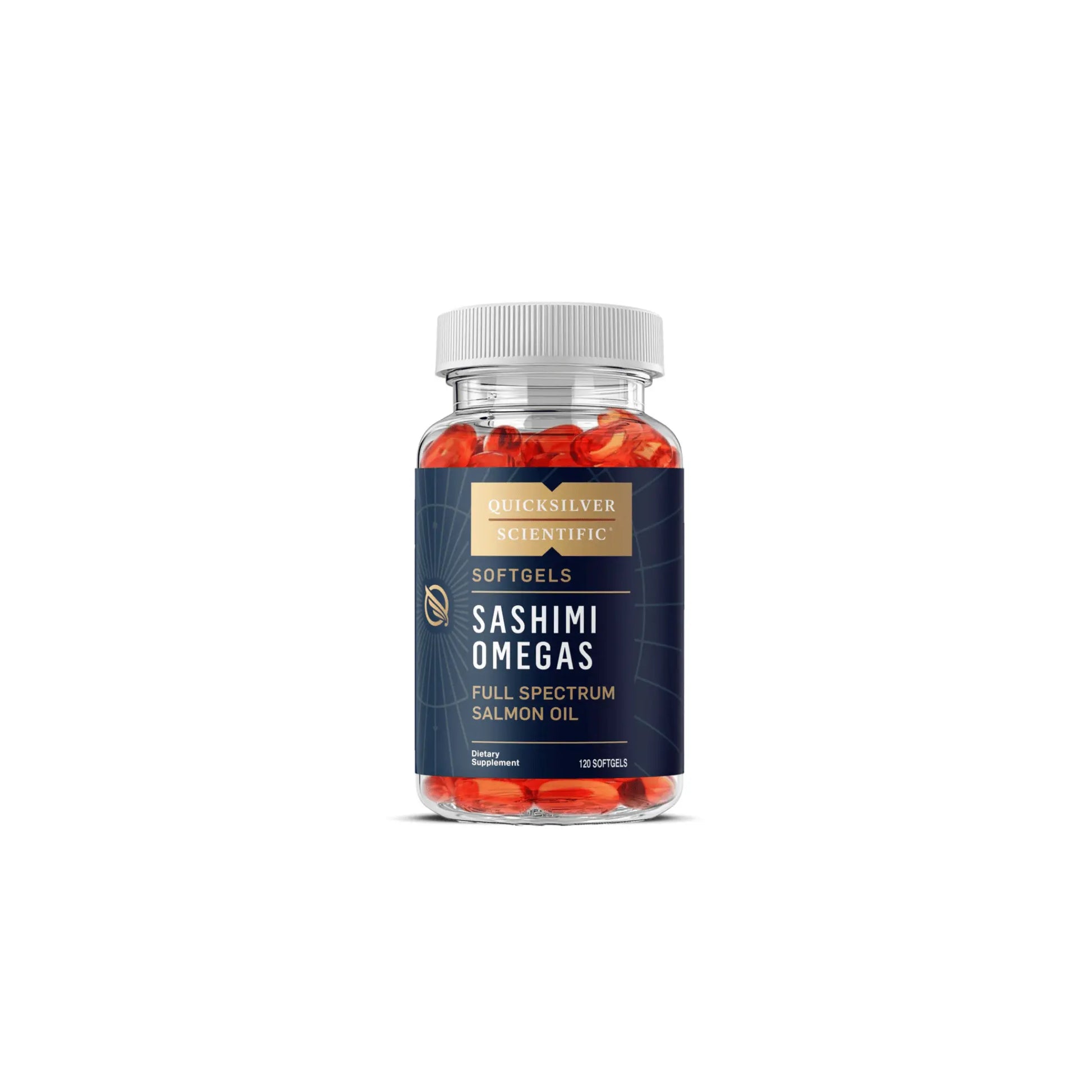 Front view of the Quicksilver Scientific Sashimi Omegas 120 softgels bottle highlighting the full spectrum salmon oil formula for heart and brain support