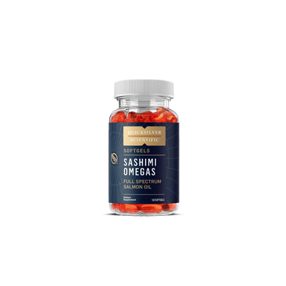 Front view of the Quicksilver Scientific Sashimi Omegas 120 softgels bottle highlighting the full spectrum salmon oil formula for heart and brain support
