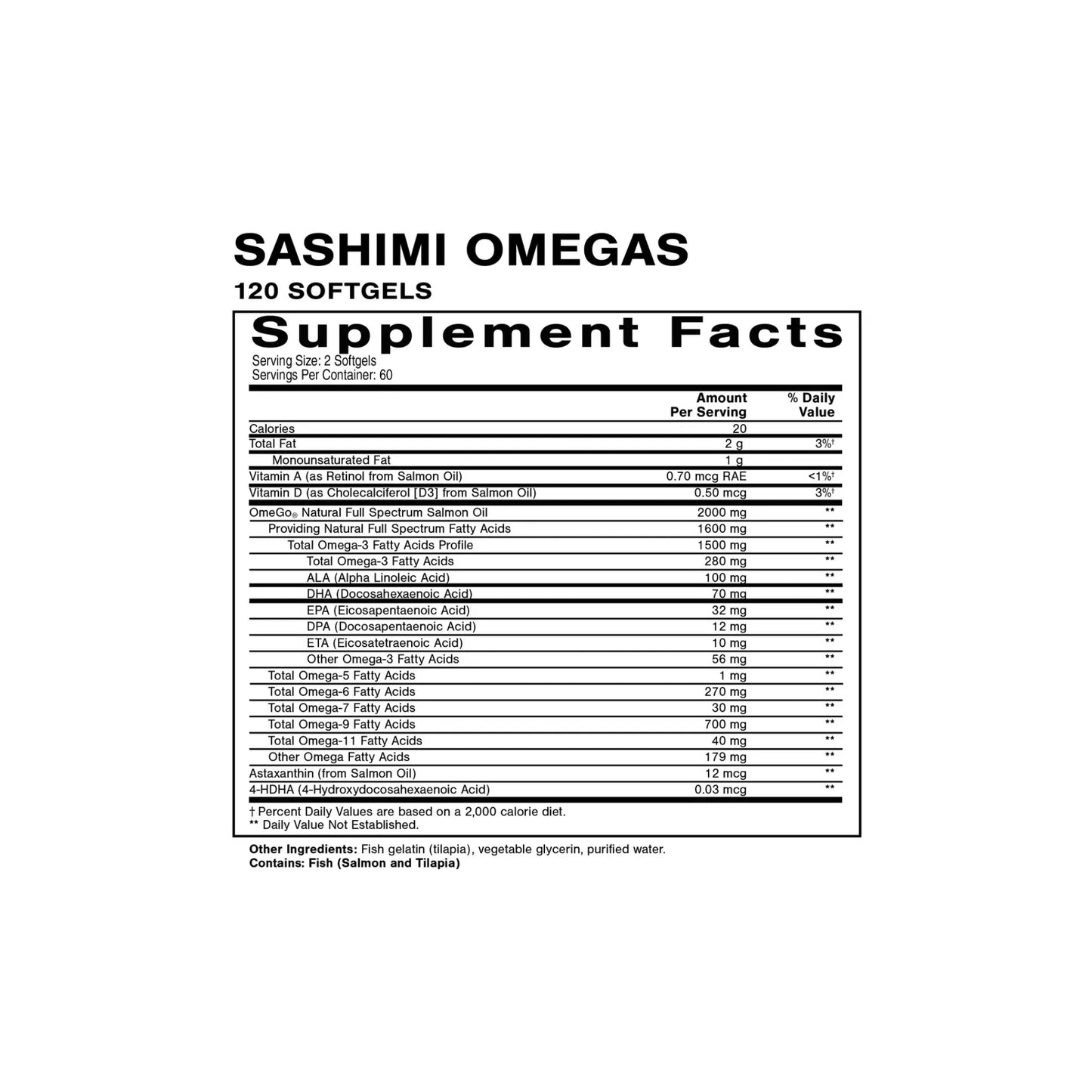 Close up of the Sashimi Omegas supplement facts label detailing the 21 naturally occurring fatty acids native triglyceride structure and astaxanthin content