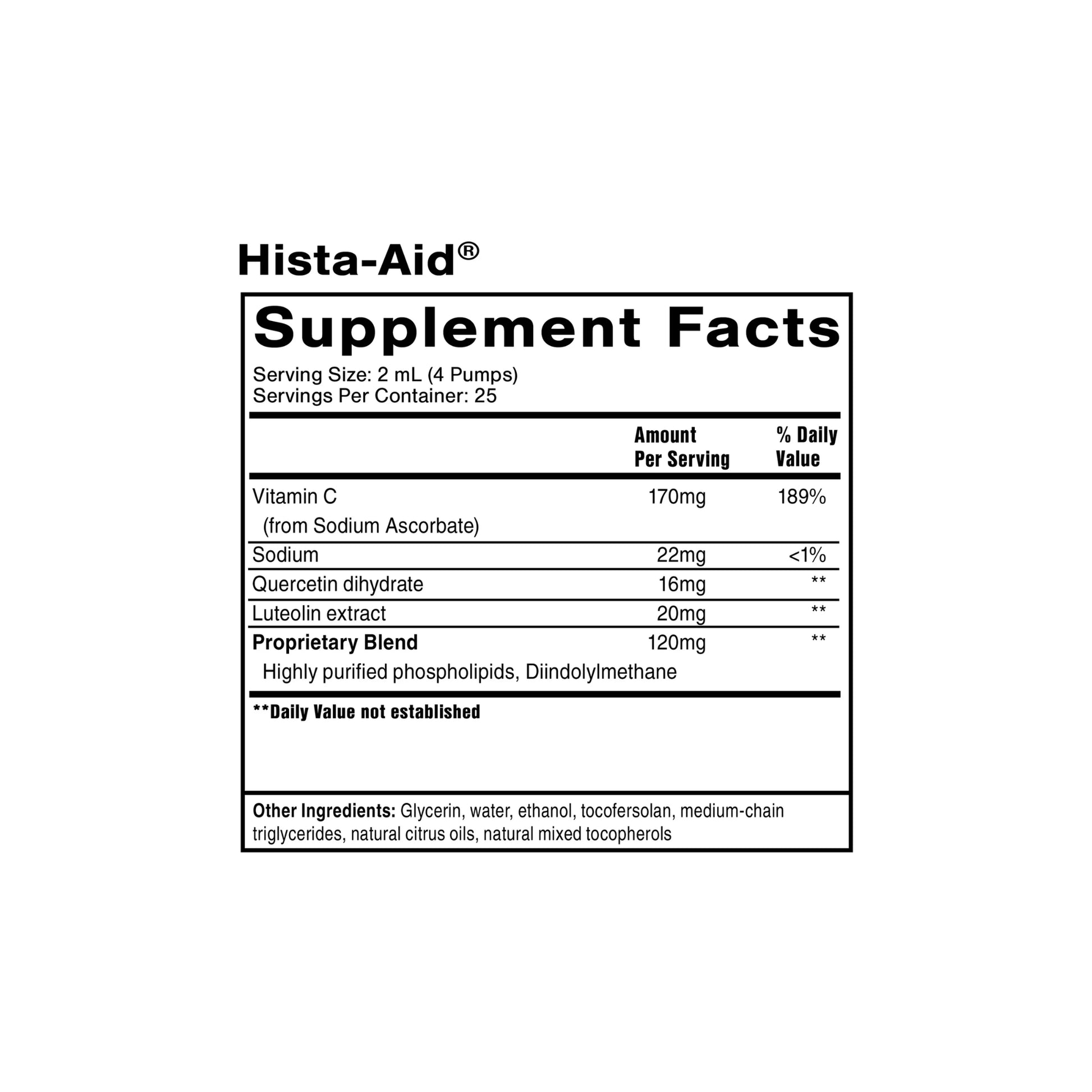 Hista Aid supplement facts panel by Quicksilver Scientific
