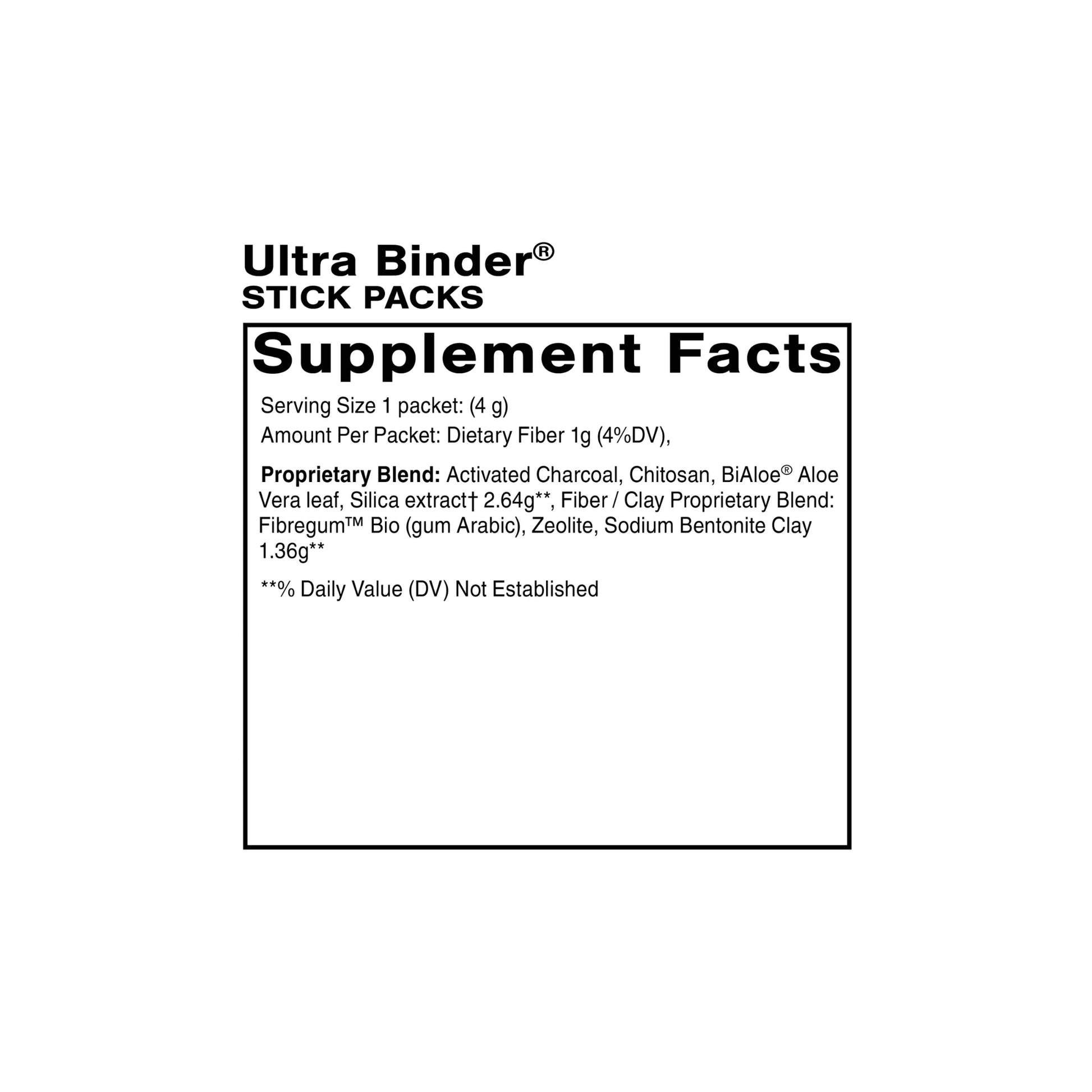 Ultra Binder stick packs supplement facts panel universal detox formula