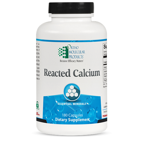 Reacted Calcium supplement bottle by Ortho Molecular Products for daily mineral support