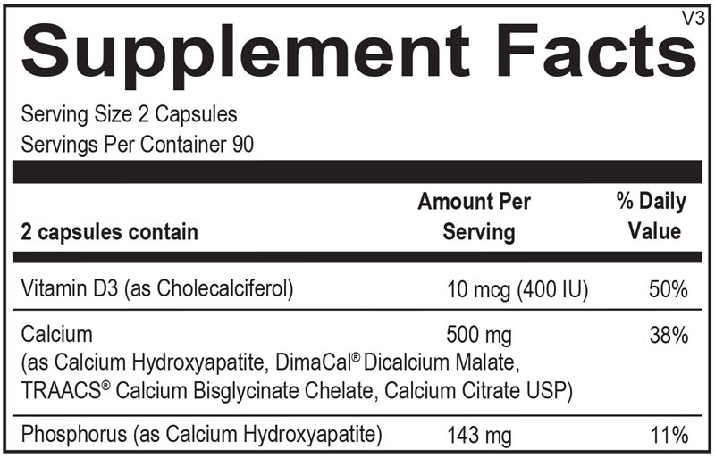 Reacted Calcium supplement facts label showing fully reacted and chelated calcium forms