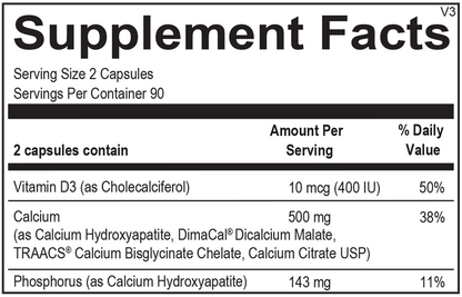 Reacted Calcium supplement facts label showing fully reacted and chelated calcium forms
