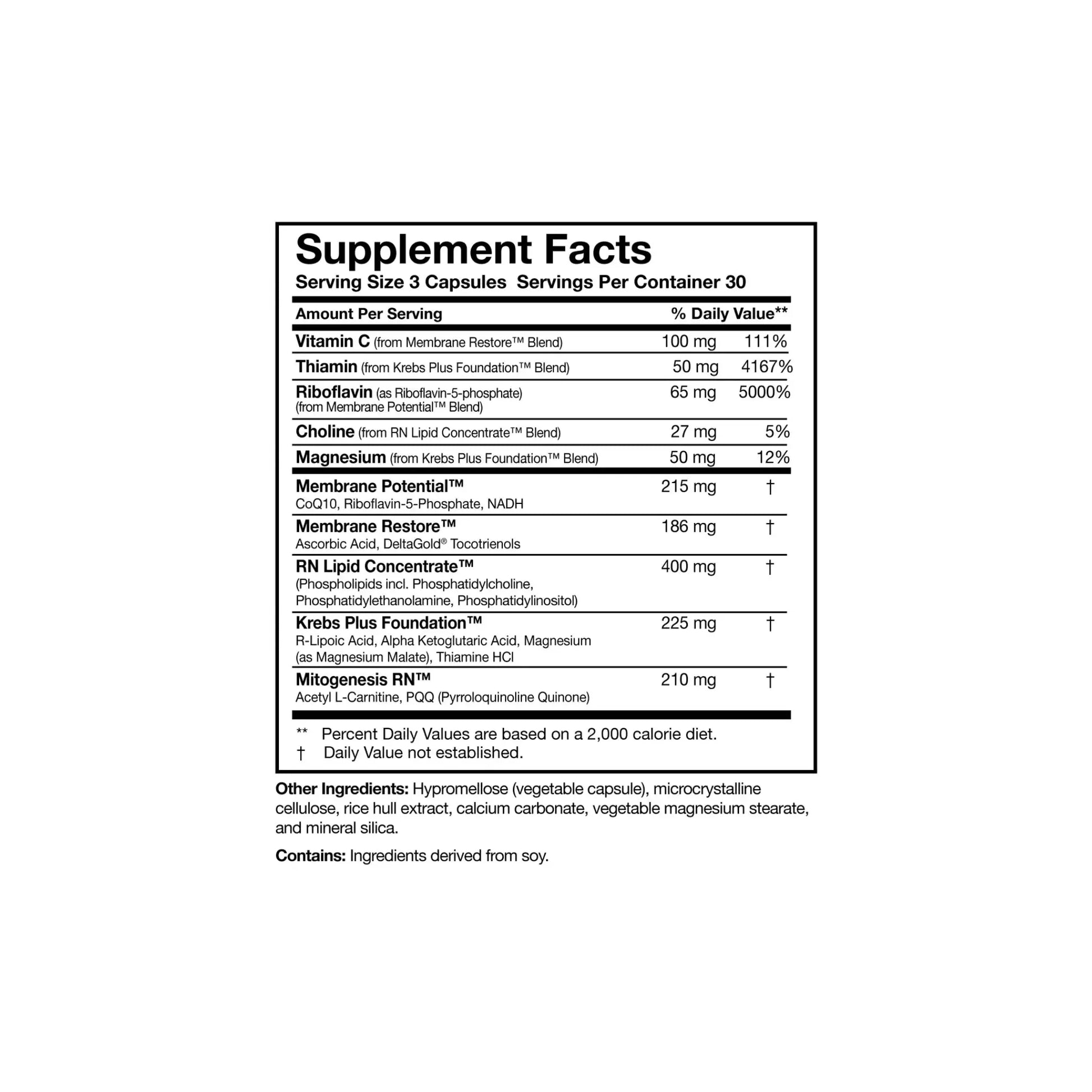 Close up of the ATP 360 bottle label detailing the phospholipid complex CoQ10 and NADH nutritional facts