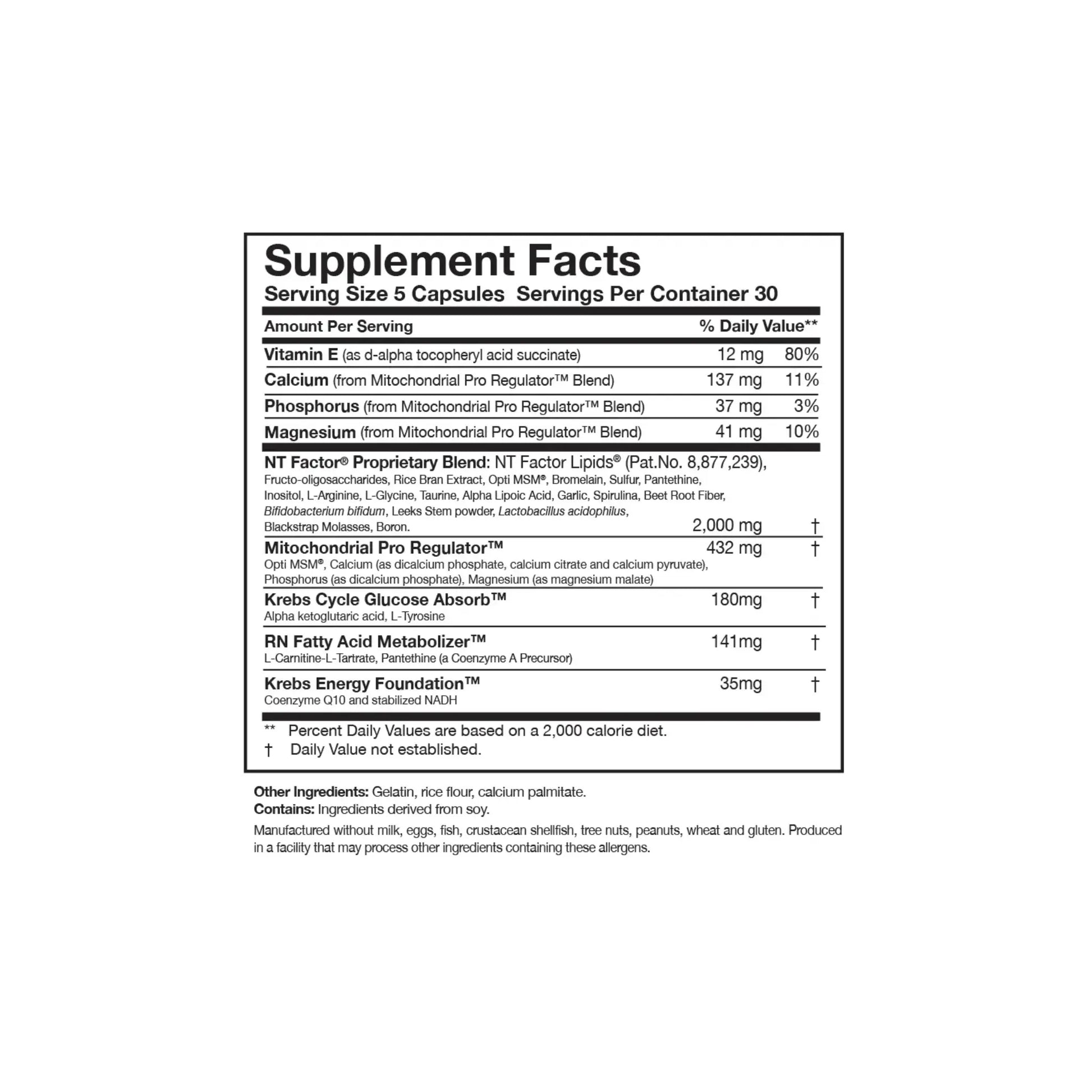 Close up of the ATP Fuel supplement facts label detailing the NT Factor Proprietary Lipid Blend and mitochondrial cofactors
