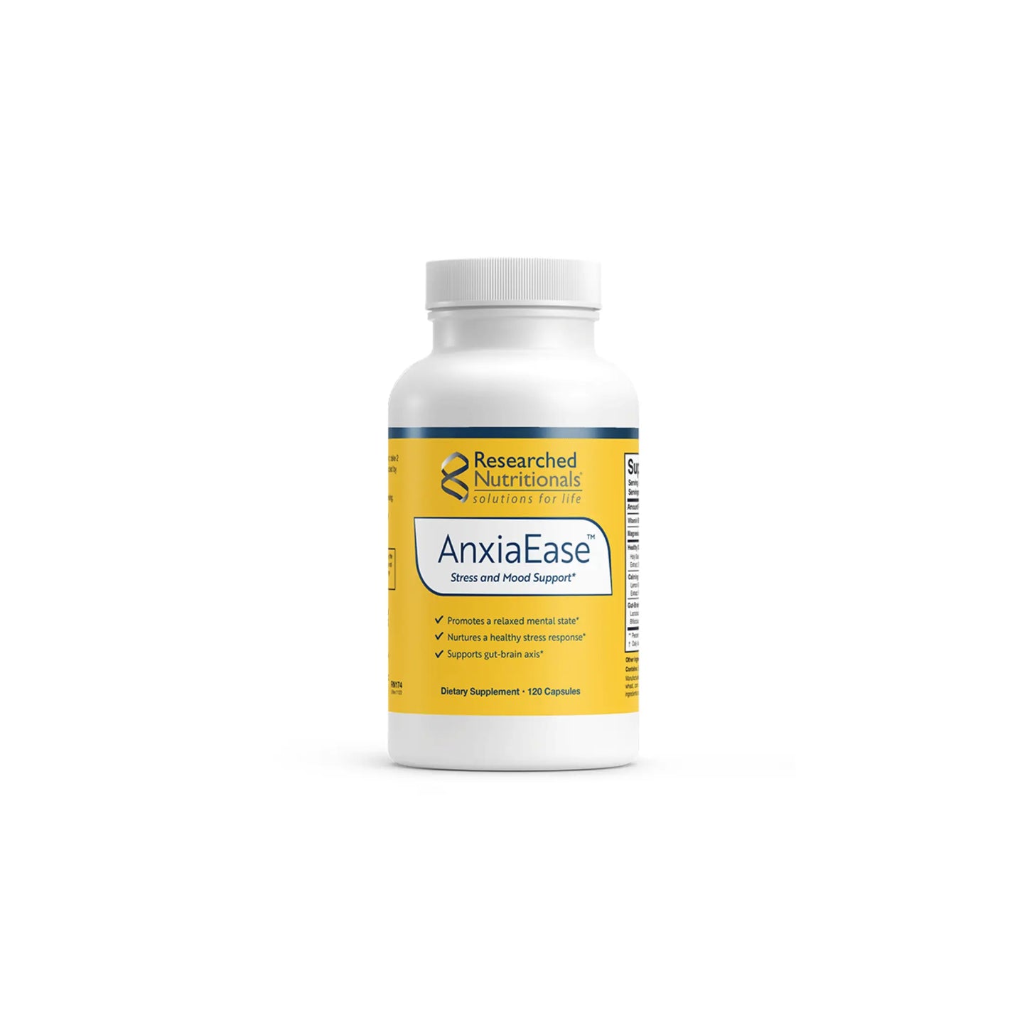 Front view of Researched Nutritionals AnxiaEase 60 capsules bottle highlighting the specialized calm and stress response formula