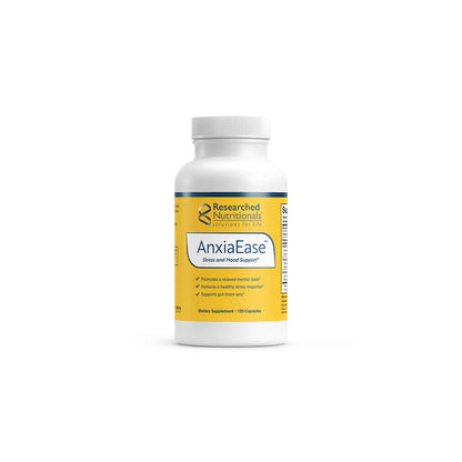 Front view of Researched Nutritionals AnxiaEase 60 capsules bottle highlighting the specialized calm and stress response formula
