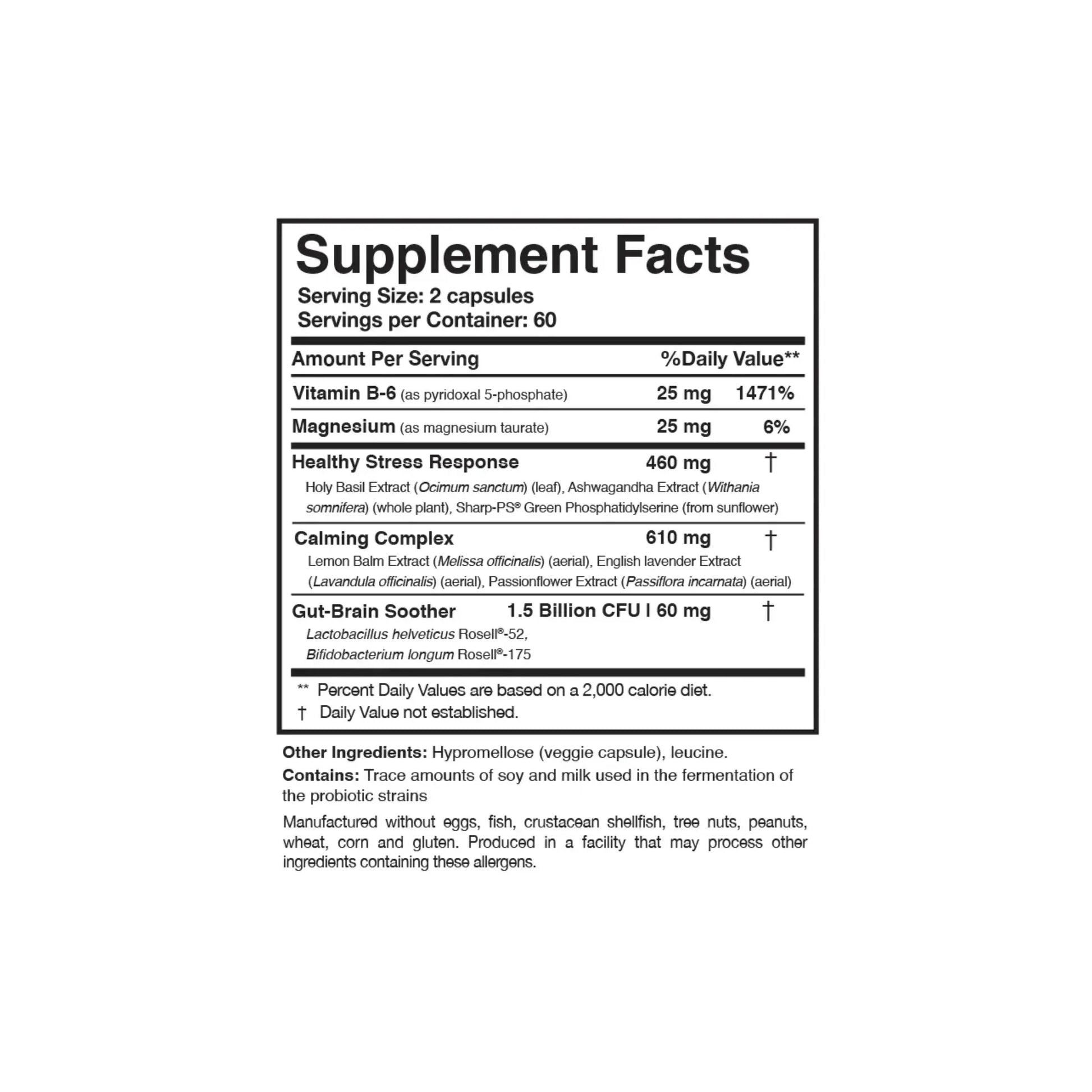 Close up of the AnxiaEase bottle label detailing the Silexan lavender and calming botanical blend supplement facts