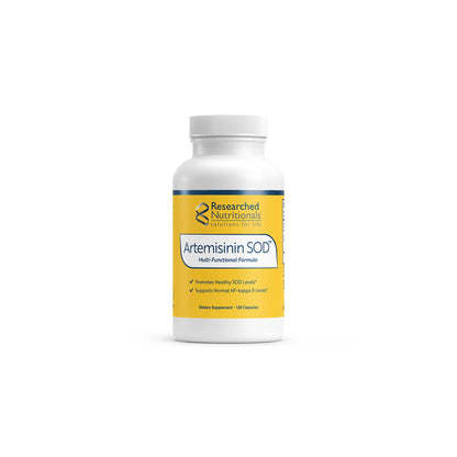 Front view of Researched Nutritionals Artemisinin SOD 120 capsules bottle highlighting the immune and antioxidant support formula