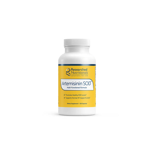 Front view of Researched Nutritionals Artemisinin SOD 120 capsules bottle highlighting the immune and antioxidant support formula