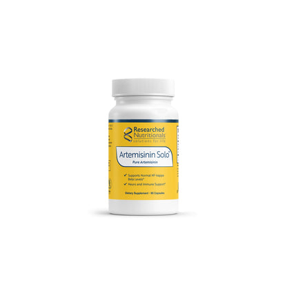 Front view of Researched Nutritionals Artemisinin Solo 90 capsules bottle highlighting the high purity immune and cellular support formula