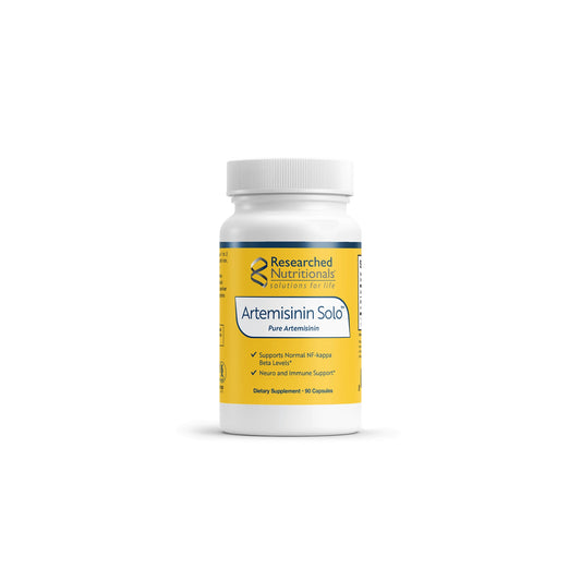 Front view of Researched Nutritionals Artemisinin Solo 90 capsules bottle highlighting the high purity immune and cellular support formula