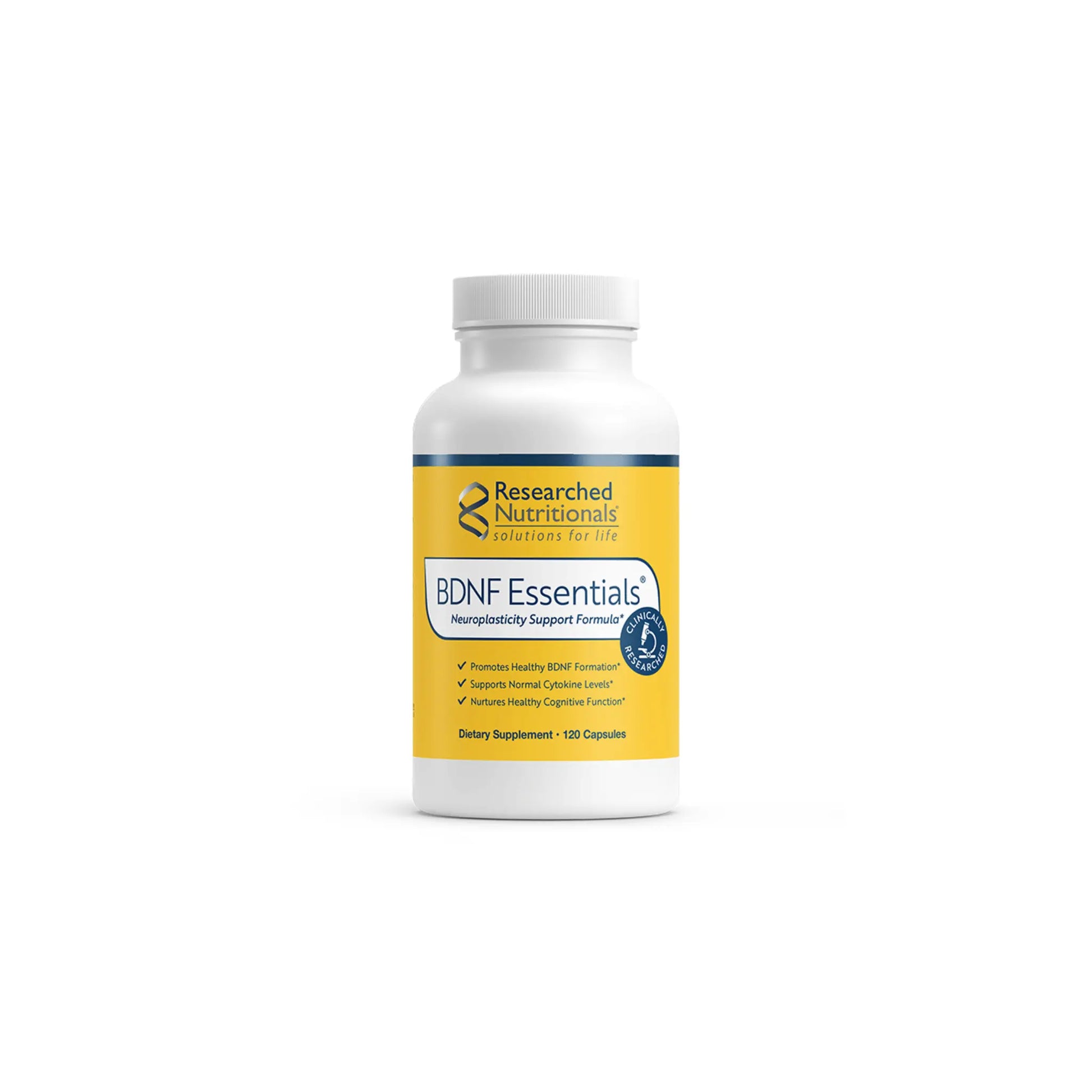 Front view of the Researched Nutritionals BDNF Essentials 120 capsules bottle highlighting the formula for neuroplasticity and cognitive support