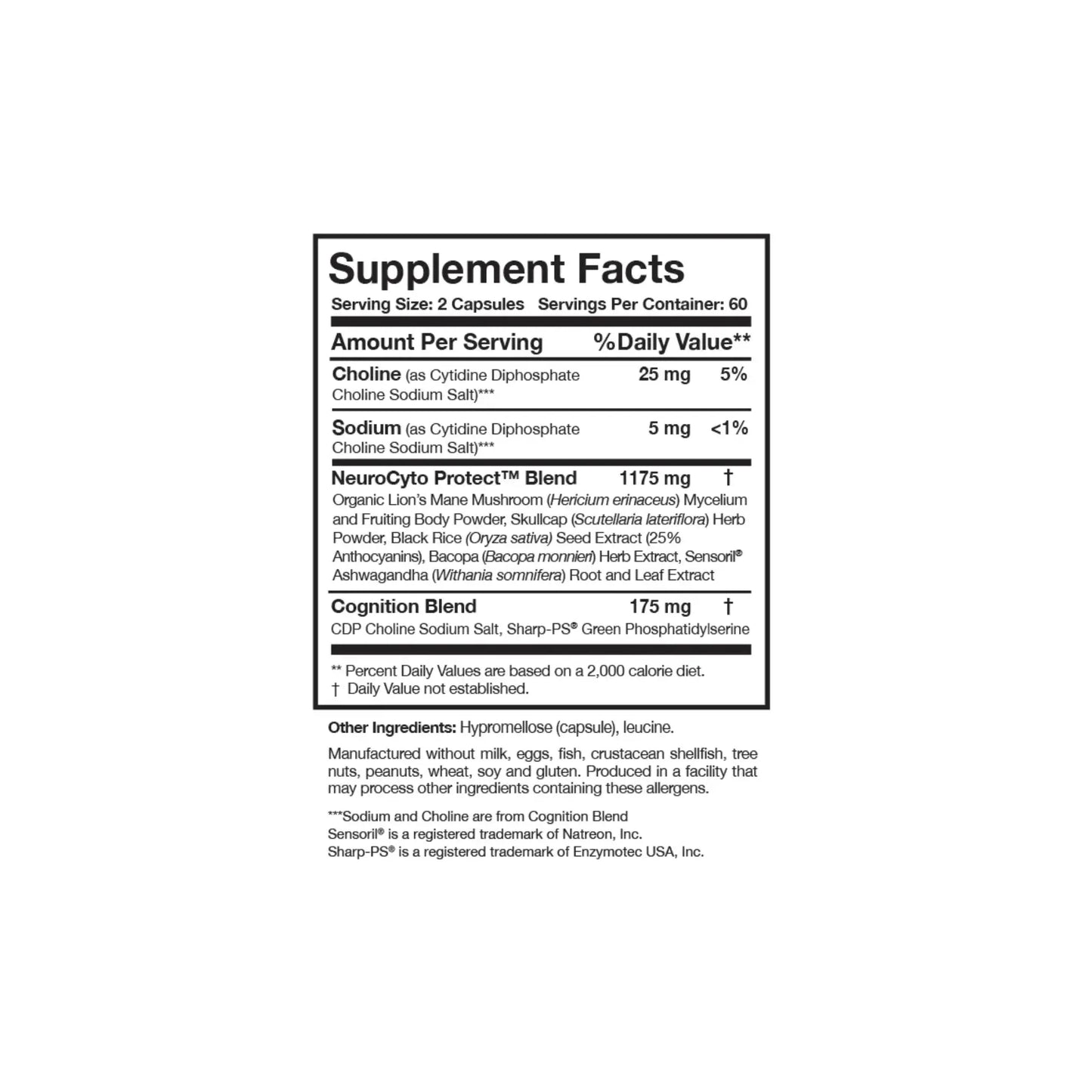 Close up of the BDNF Essentials supplement facts label detailing the botanical and nutritional blend including Lions Mane Bacopa and CDP Choline